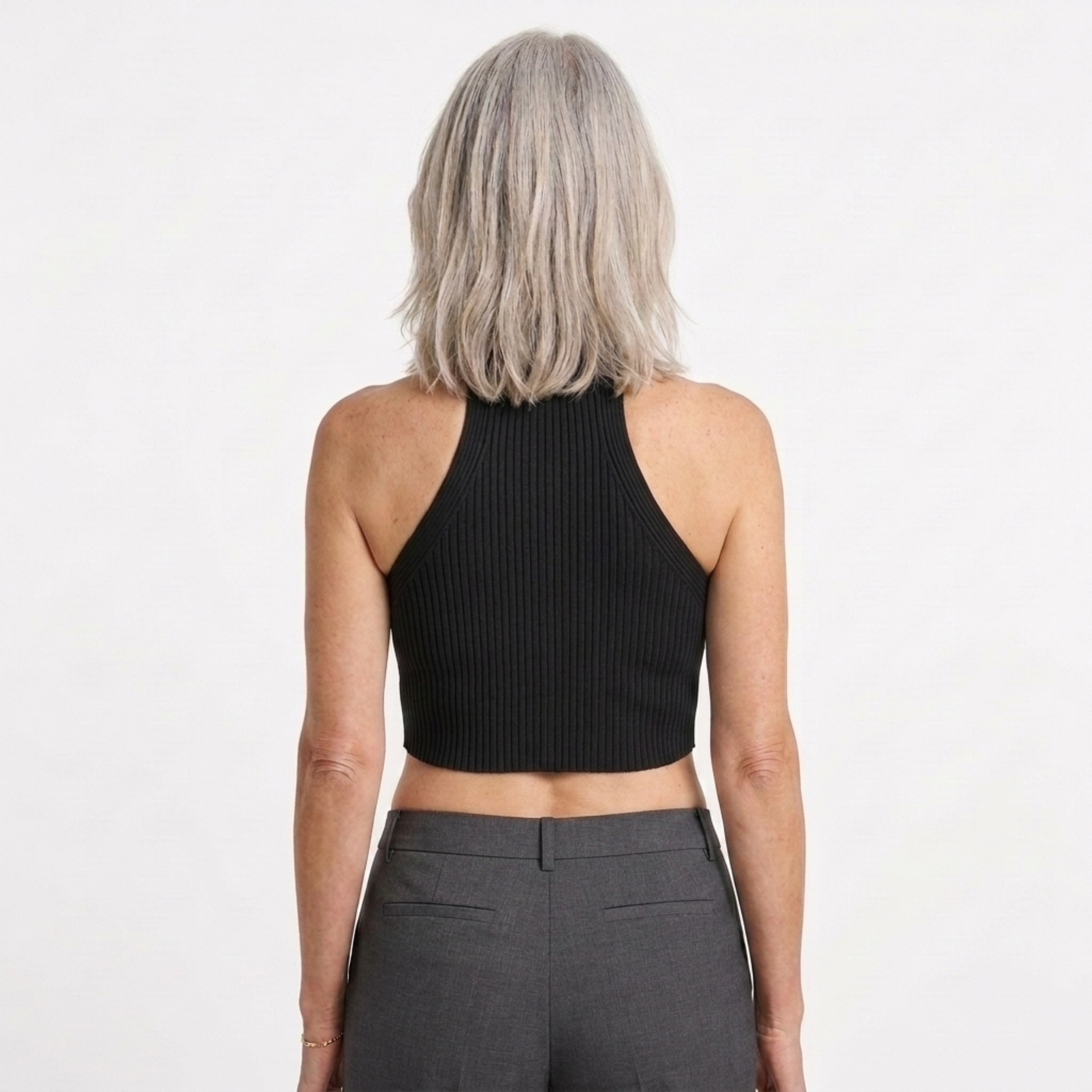 Ribbed crop top for women featuring cross-front halter and keyhole detail