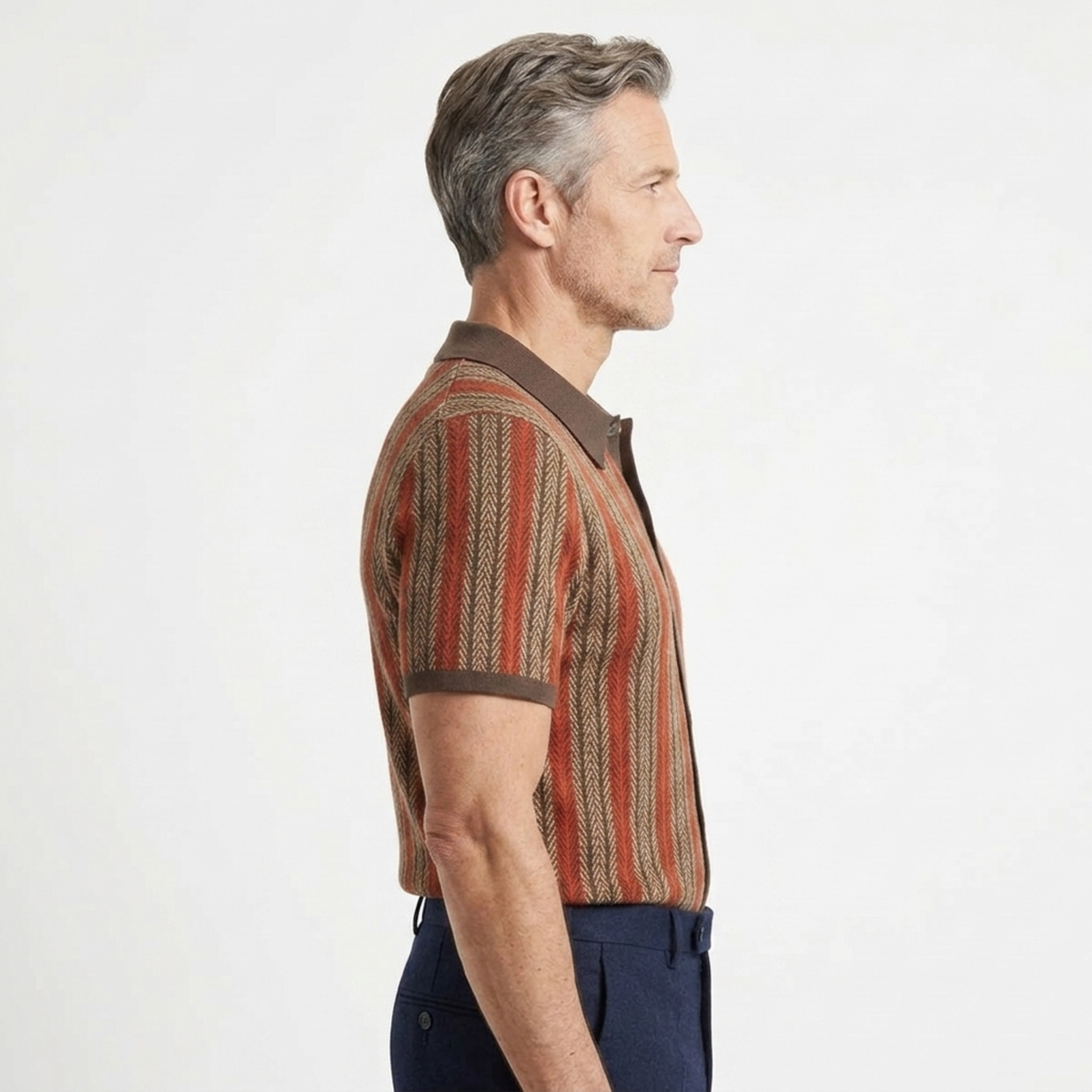 Men's knit polo shirt — vertical stripe — casual resort wear