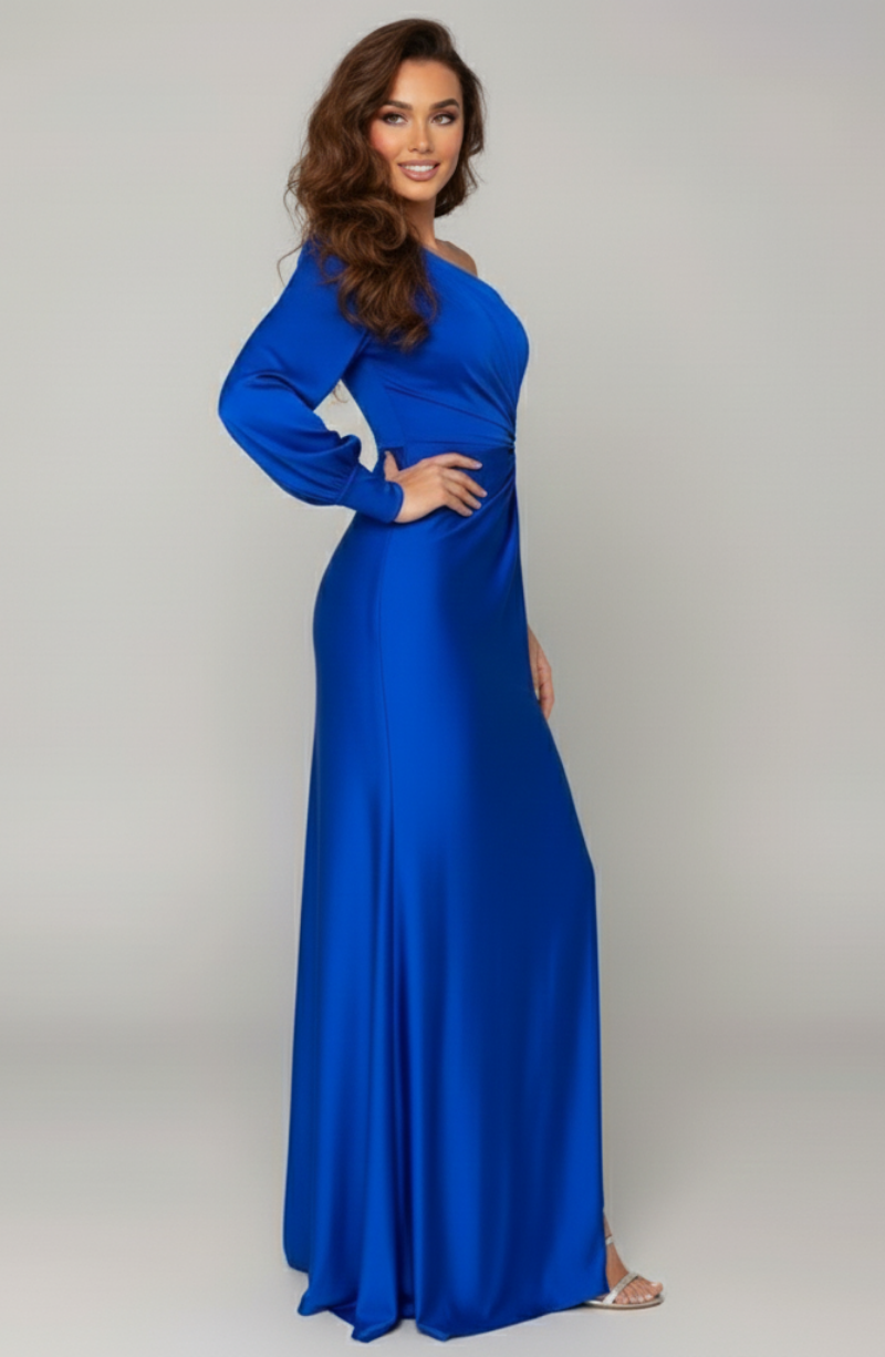 Women's maxi dress - one-shoulder satin design with side slit | wedding guest