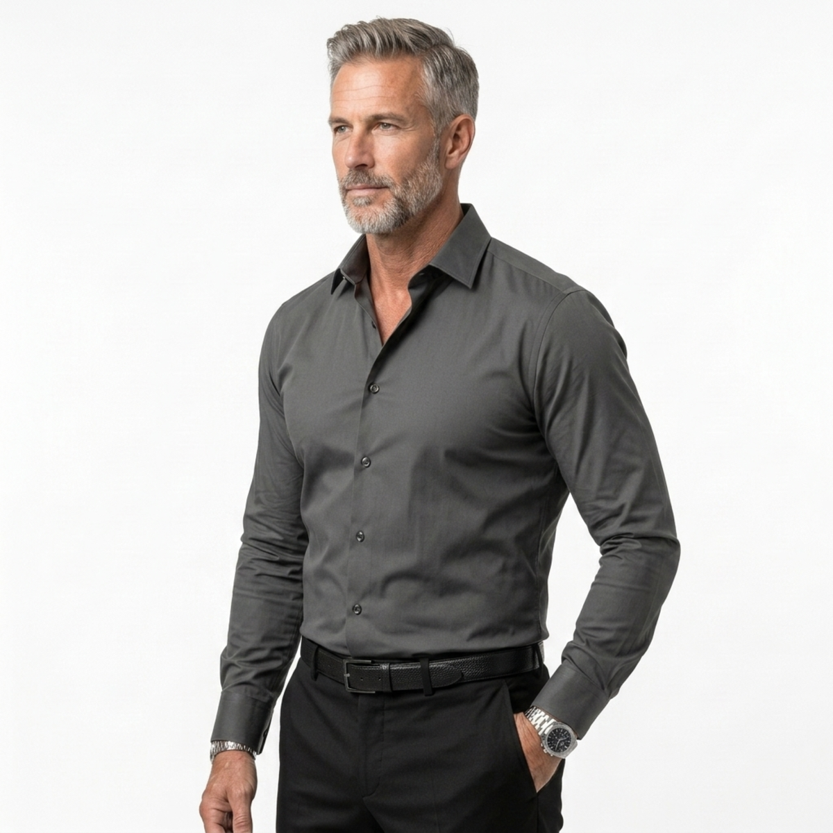 Men’s long-sleeve shirt — regular fit notched collar — office wear