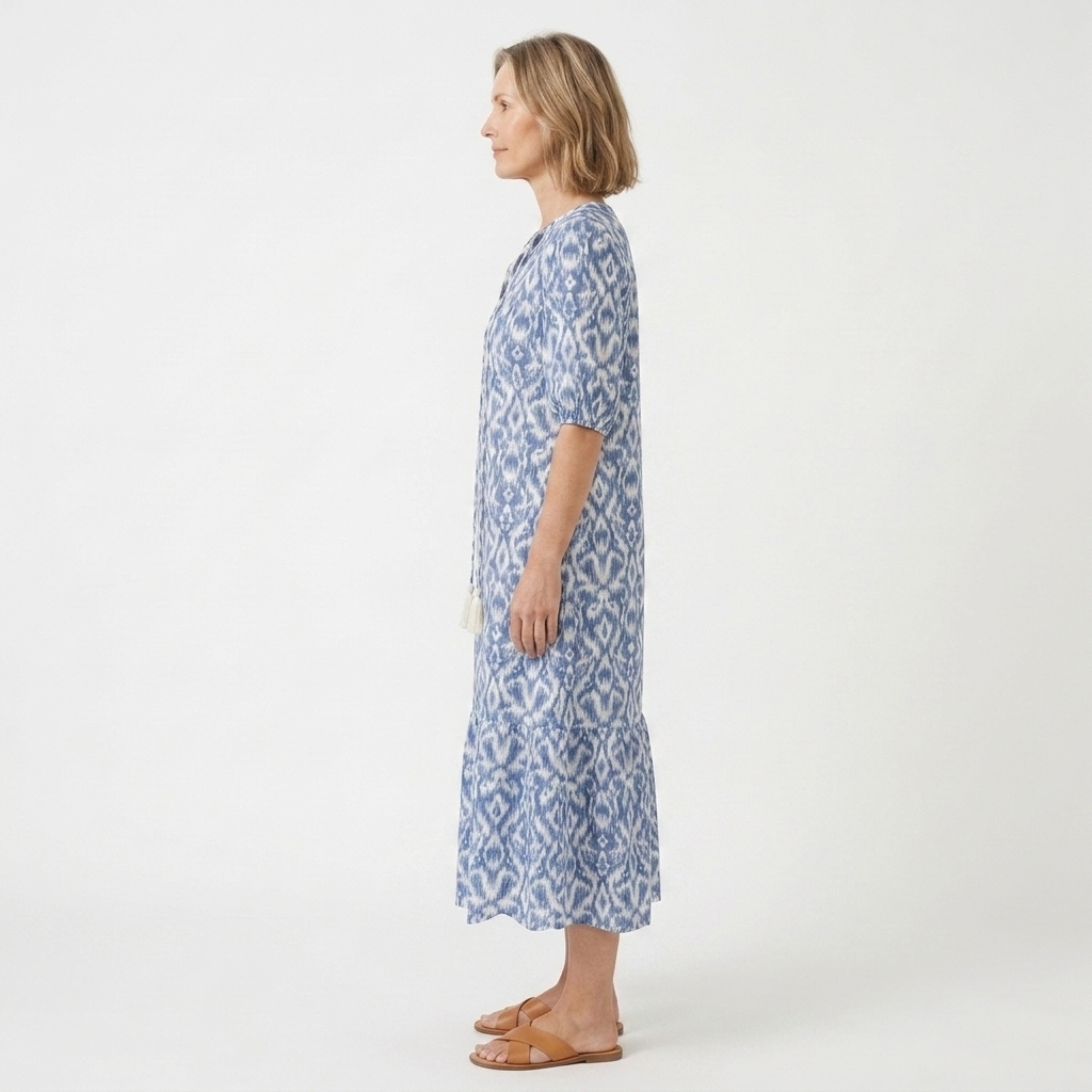 Women's Boho Cotton Maxi Dress Geometric Print Tassel V-Neck Short Sleeve Kaftan