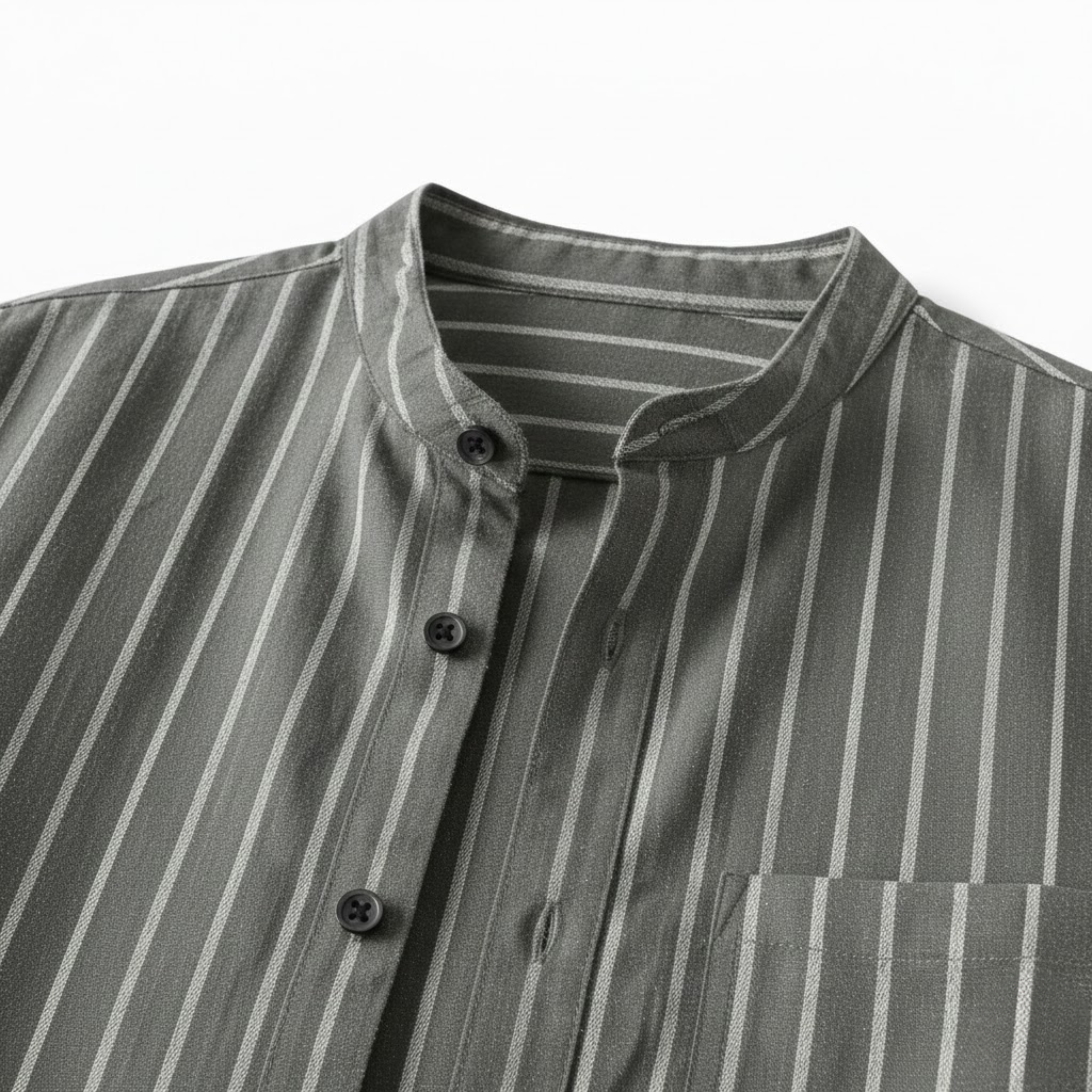 Men's Cotton Linen Striped Shirt Full Sleeve Stand Collar Single Breasted Casual Top