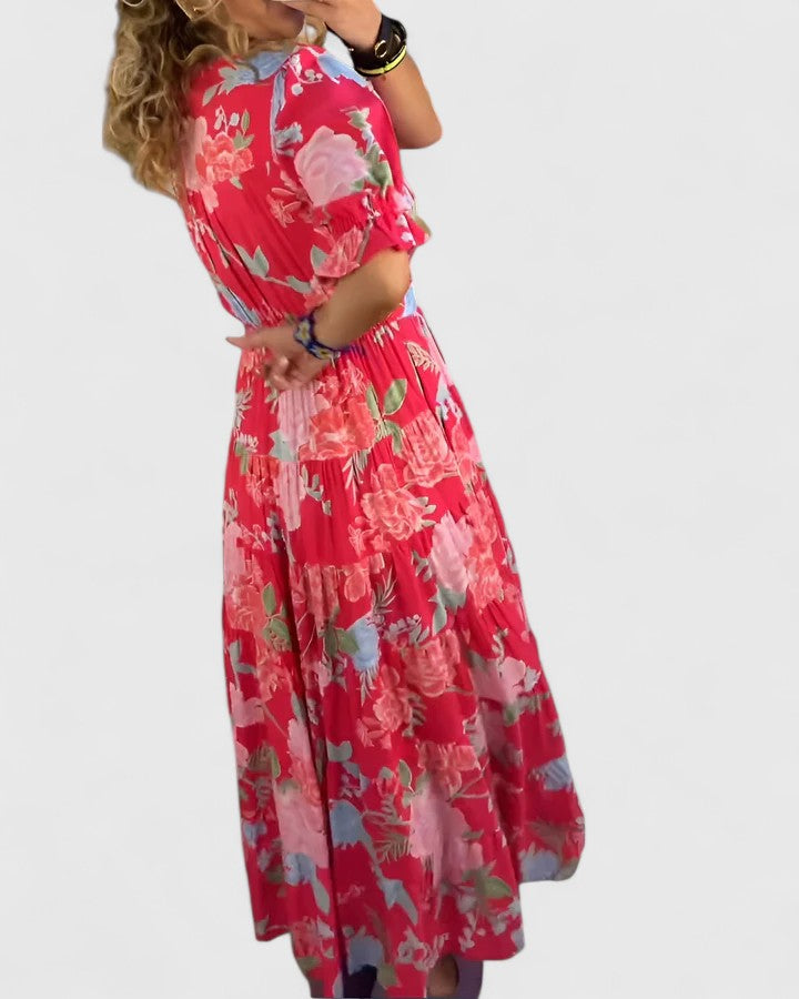 Women's maxi dress - v-neck design with practical pockets