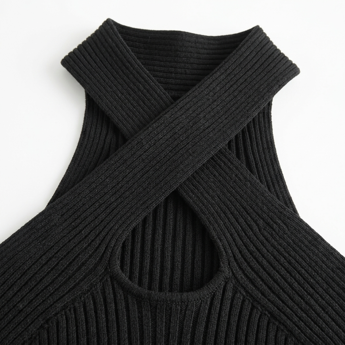 Ribbed crop top for women featuring cross-front halter and keyhole detail