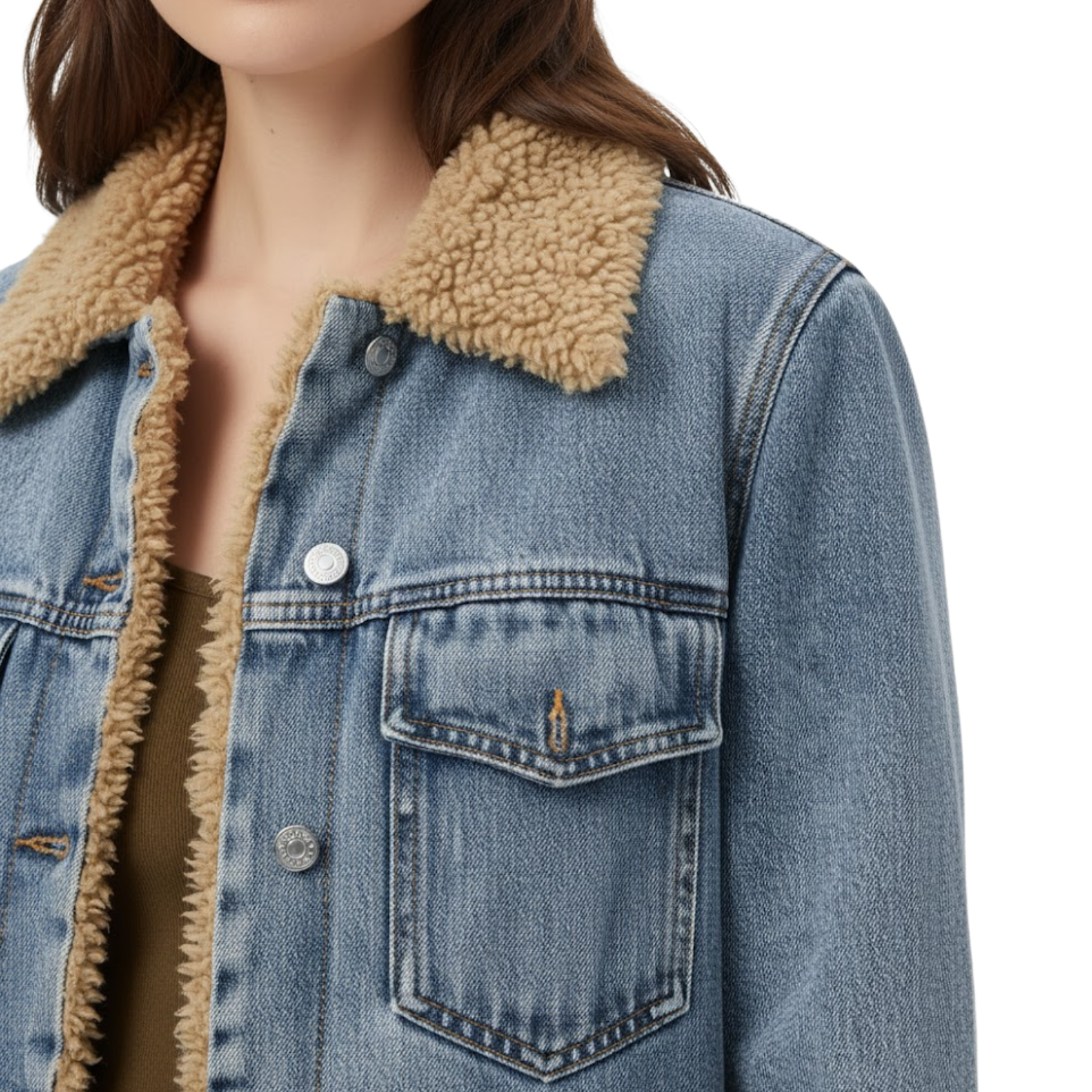 Women's Long Denim Coat Shearling Lined Faux Fur Collar Button Down Jean Jacket