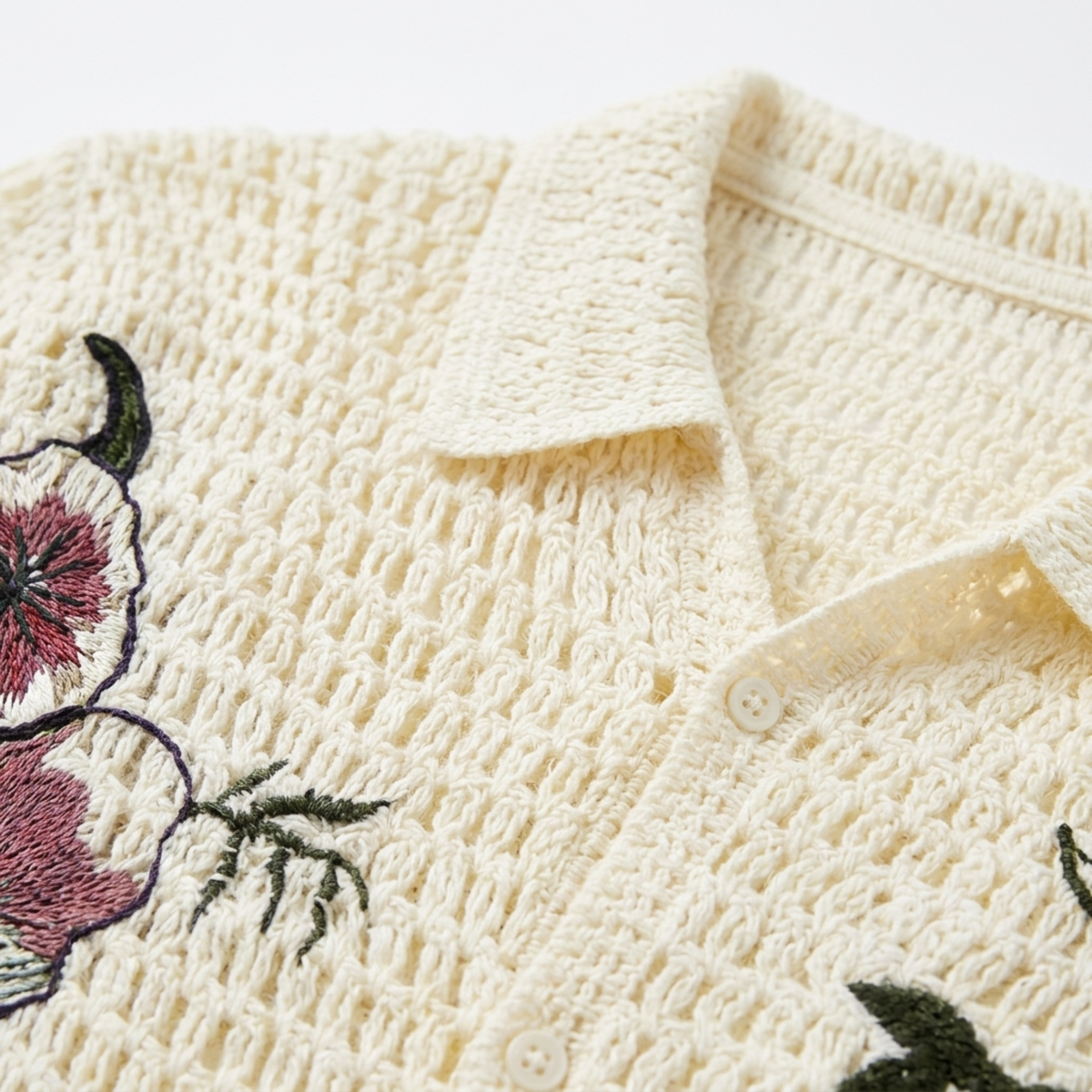 Crochet polo shirt for men — botanical embroidery — summer resort wear