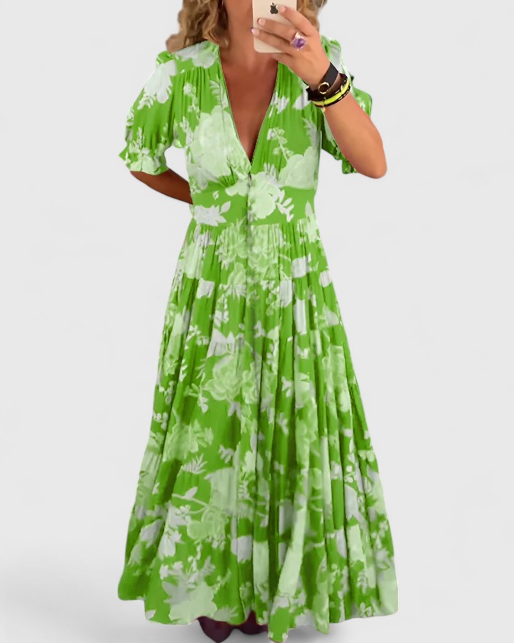 Women's maxi dress - v-neck design with practical pockets