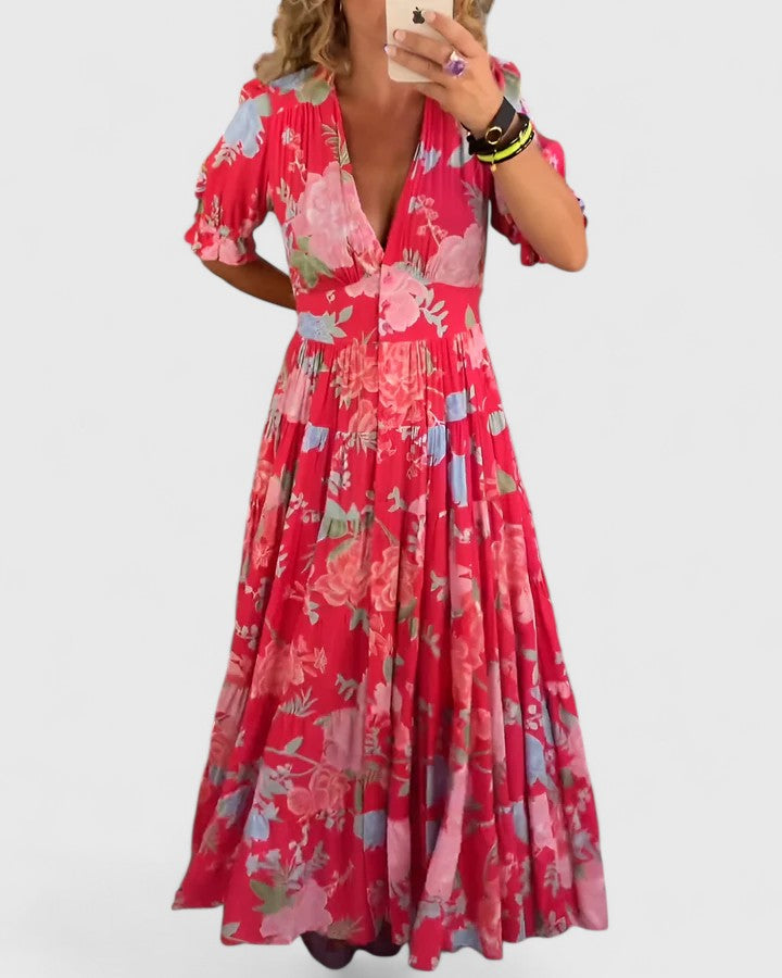 Women's maxi dress - v-neck design with practical pockets