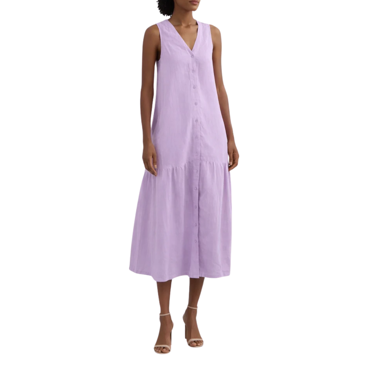 Women's V-Neck Linen Maxi Dress Button Up Sleeveless Tiered Hem Relaxed Fit Gown