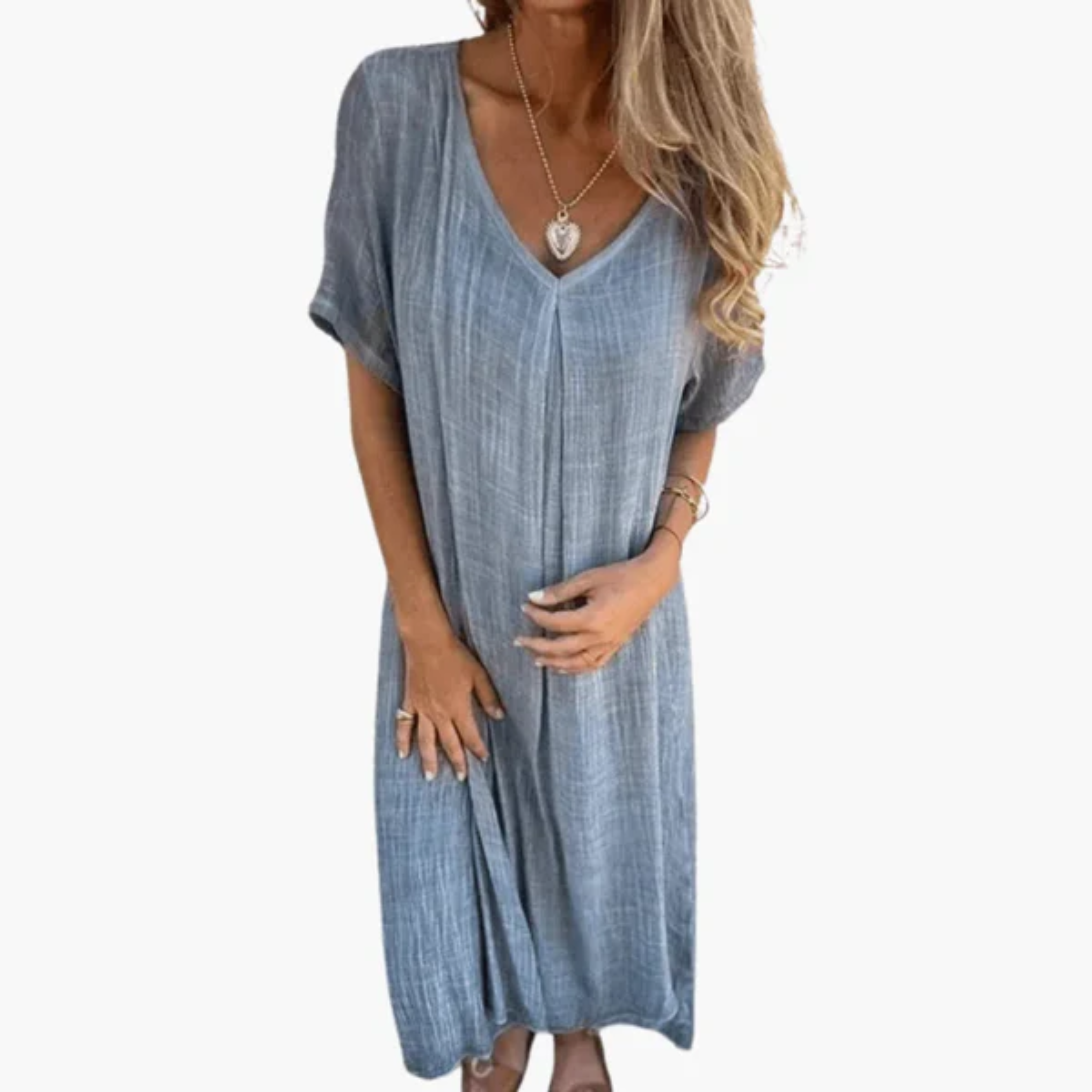 Women's Cotton Linen V Neck Maxi Dress Short Sleeve Loose Bohemian Casual Long Dress