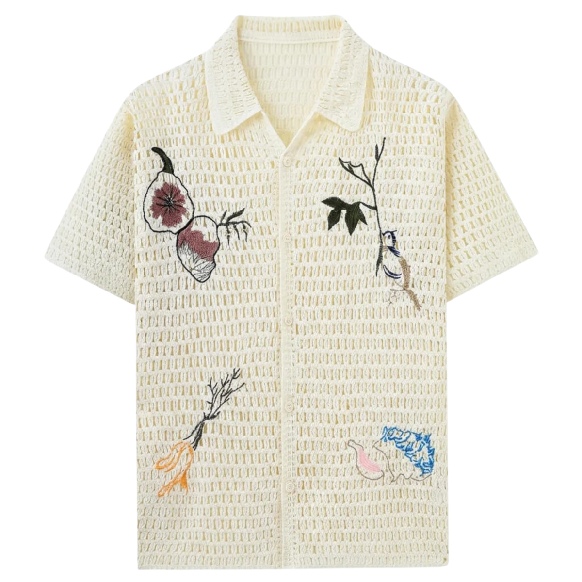 Crochet polo shirt for men — botanical embroidery — summer resort wear