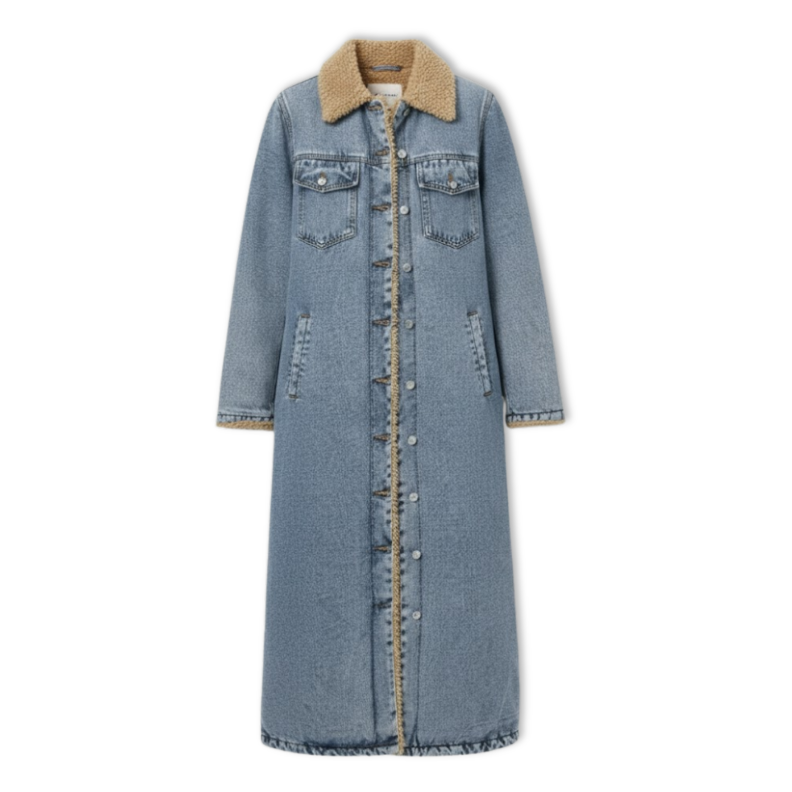 Women's Long Denim Coat Shearling Lined Faux Fur Collar Button Down Jean Jacket