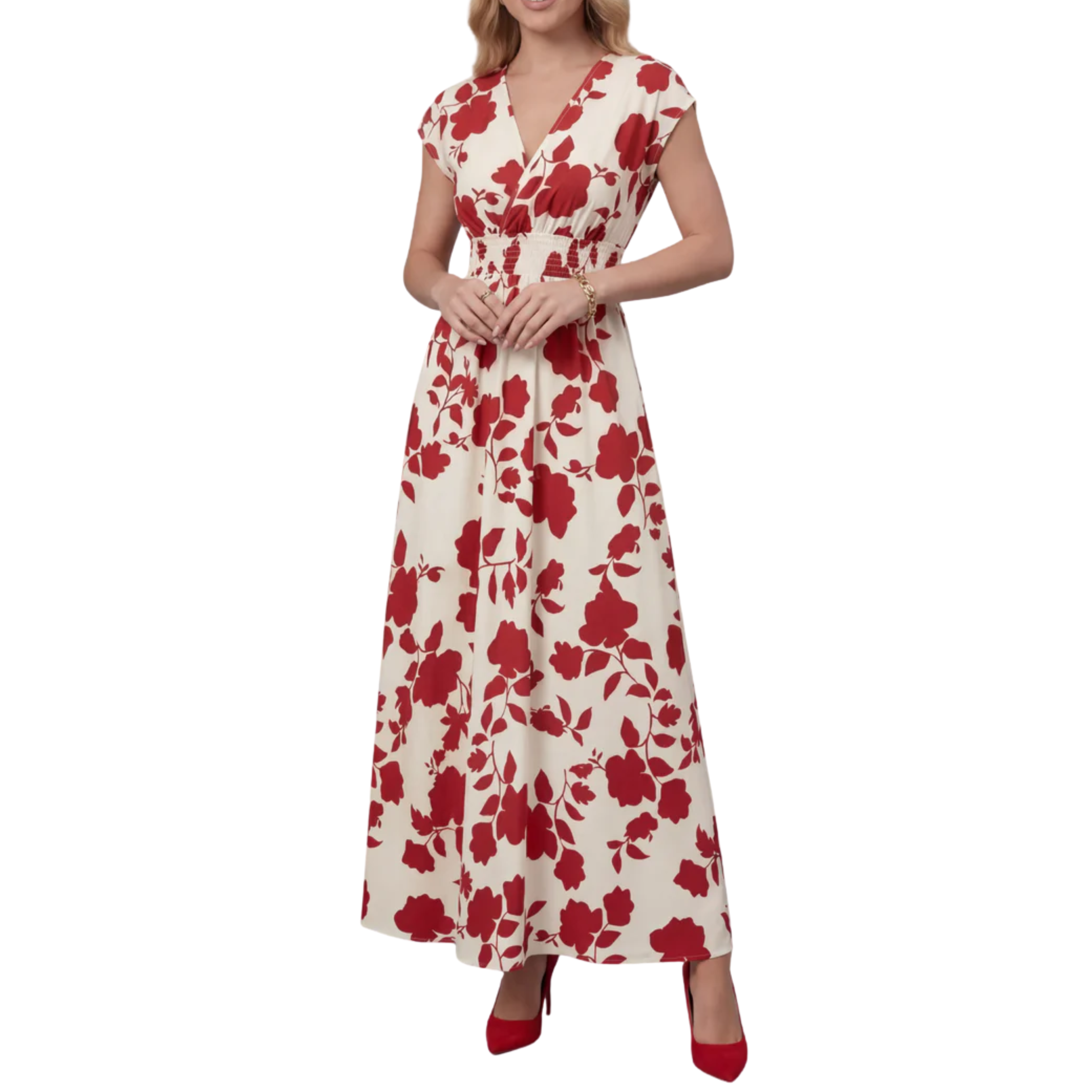 Women's Floral Maxi Dress V-Neck Cap Sleeve Smocked Waist A-Line Occasion Dress