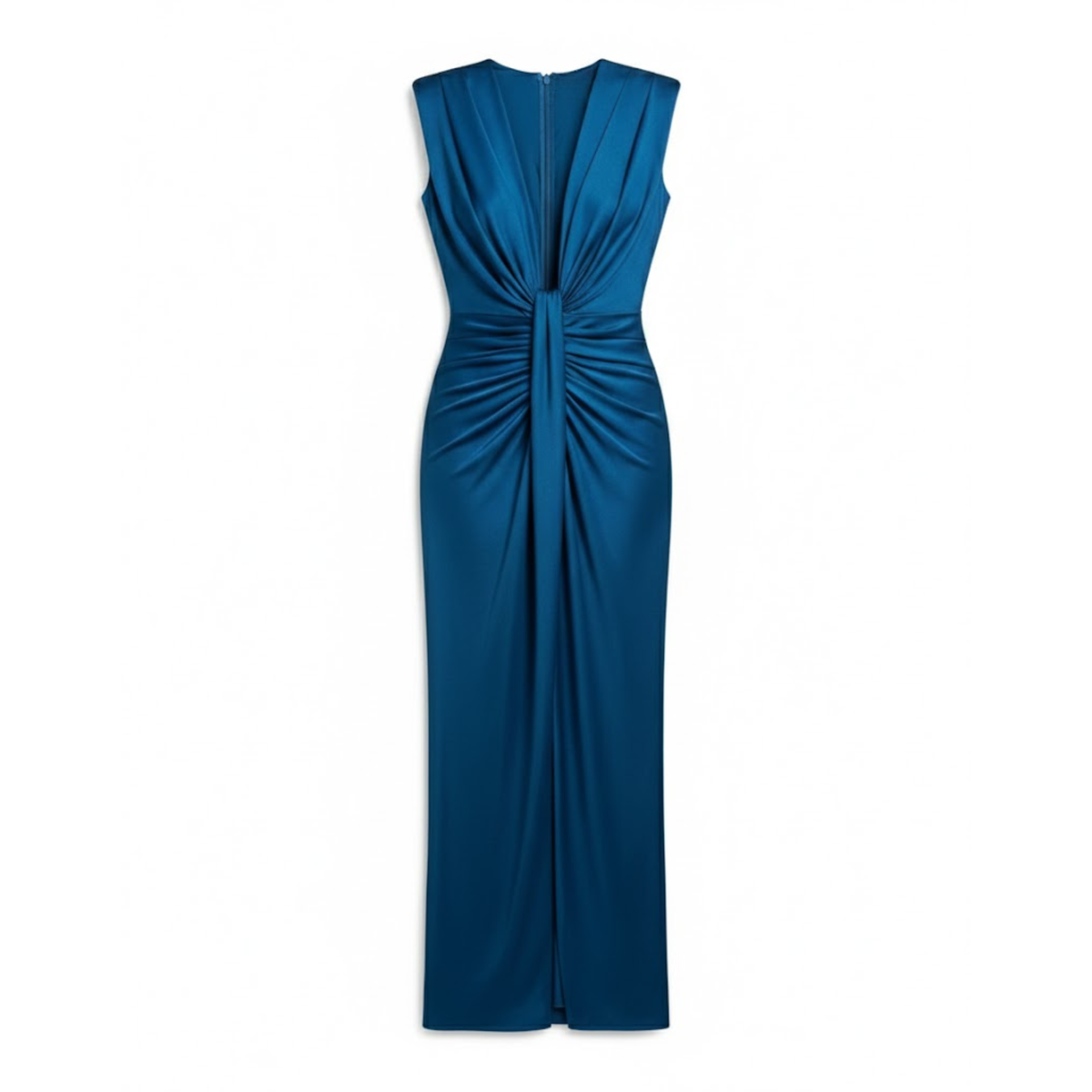 Formal V-Neck Pleated Sleeveless Maxi Dress with High Slit and Ruched Bodice