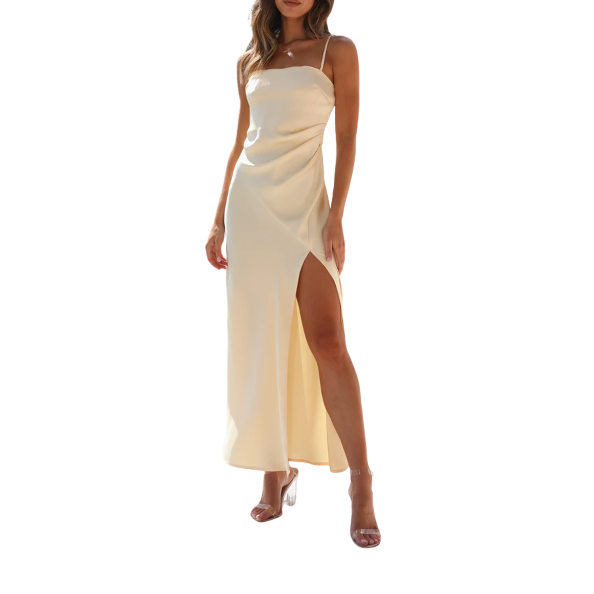 Women's Satin Maxi Dress Sleeveless Square Neck Side Ruched High Split Formal Dress