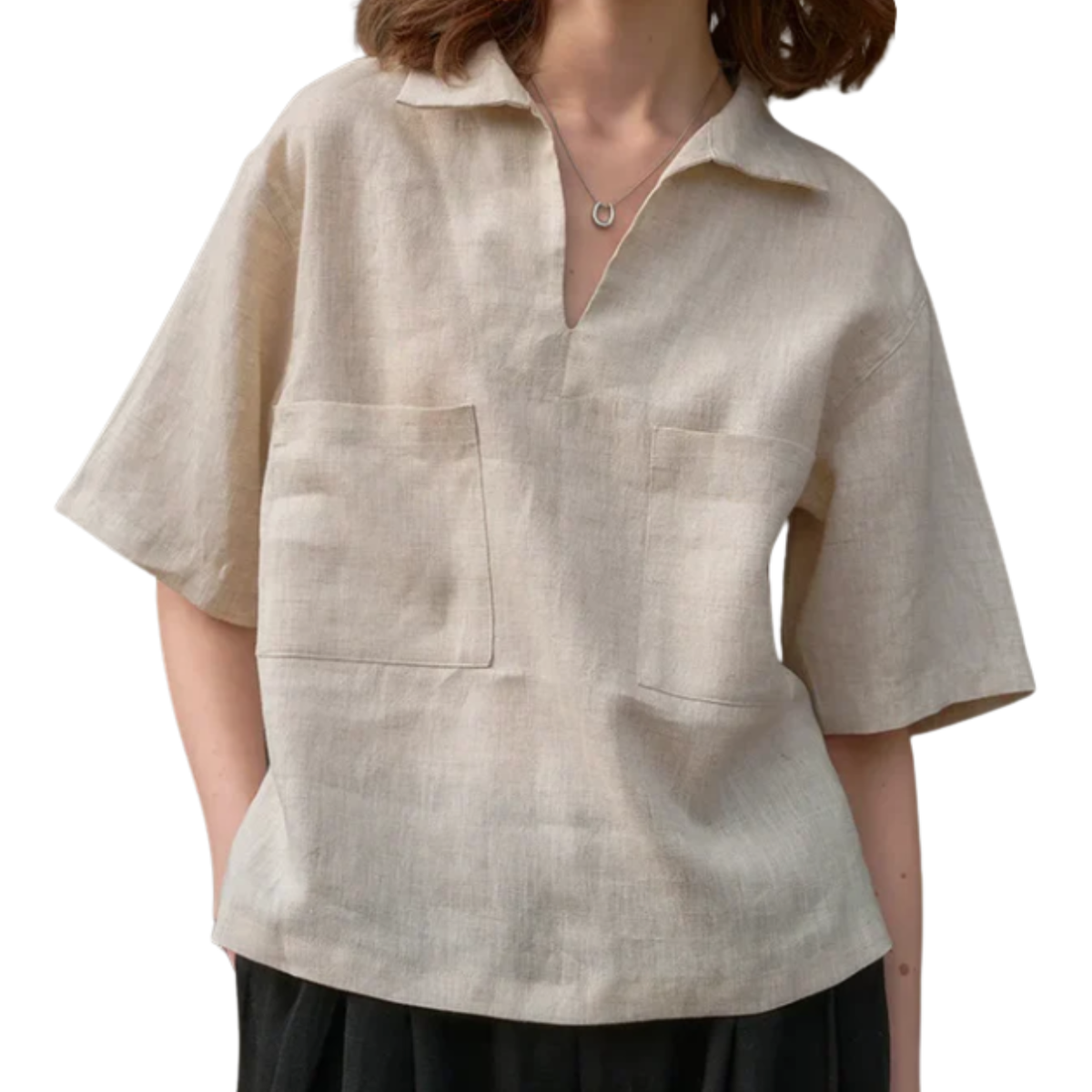 Women's pure linen polo top — relaxed oversized fit V-neck — beach vacation