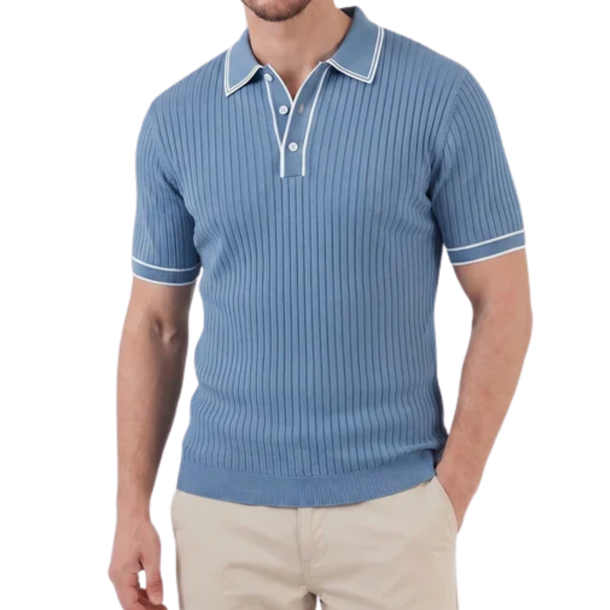 Men's ribbed knit polo — regular fit contrast trim — casual daily