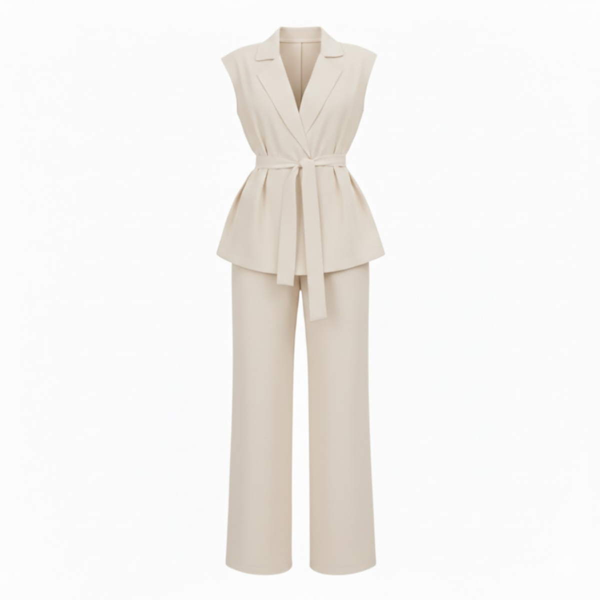 Sleeveless Vest and Wide Leg Pants Set with Turn Down Collar and Tie Waist Belt