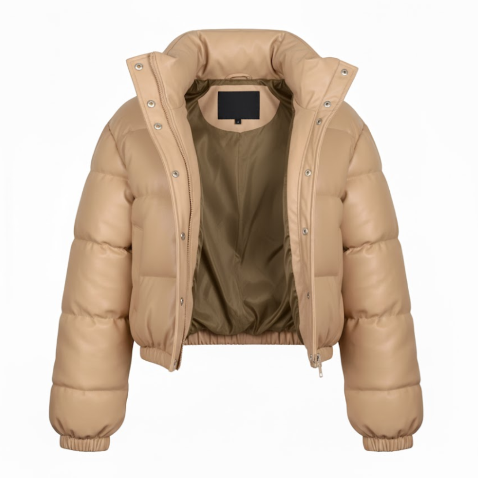 Women's Faux Leather Puffer Jacket Short Quilted Parka With Zipper Closure