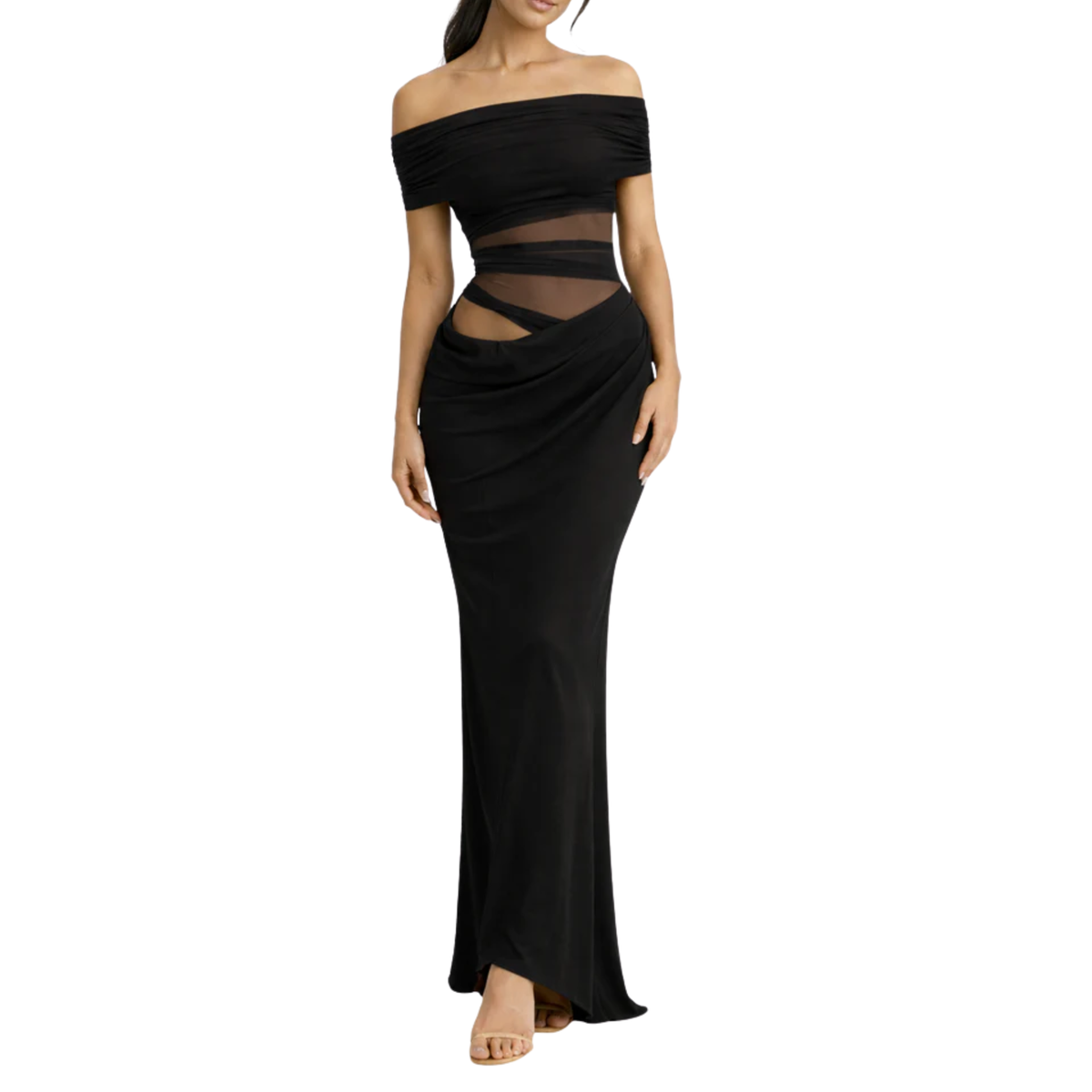 Women's Off Shoulder Ruched Mesh Maxi Dress Sleeveless Bodycon Wedding Guest Dress