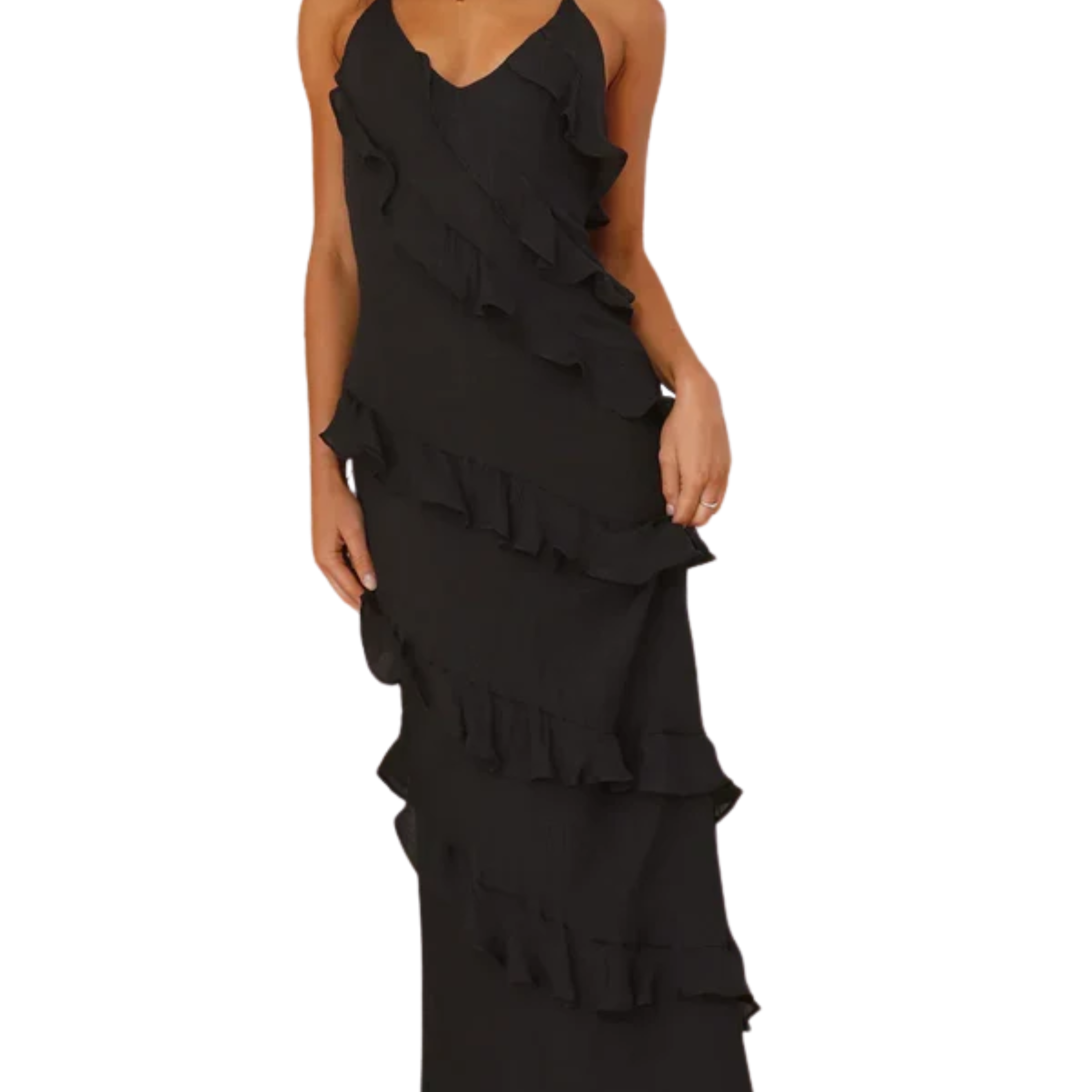Women's ruffle maxi dress — halter neck tiered evening gown — wedding guest