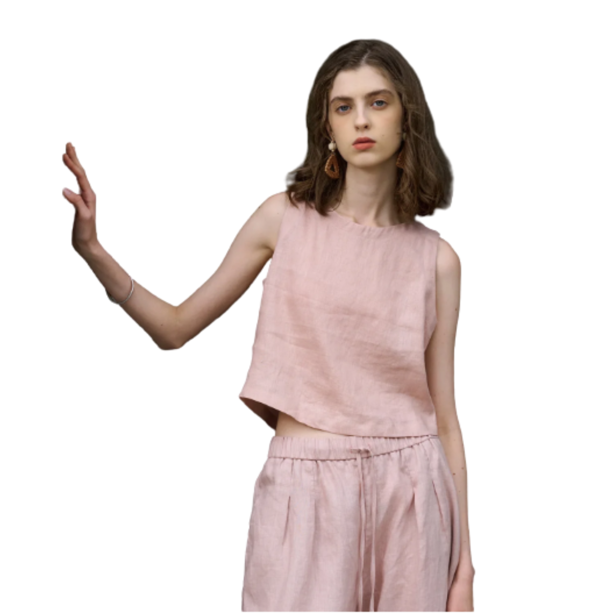 Women's crop top in pure linen with asymmetric hem — summer vacation