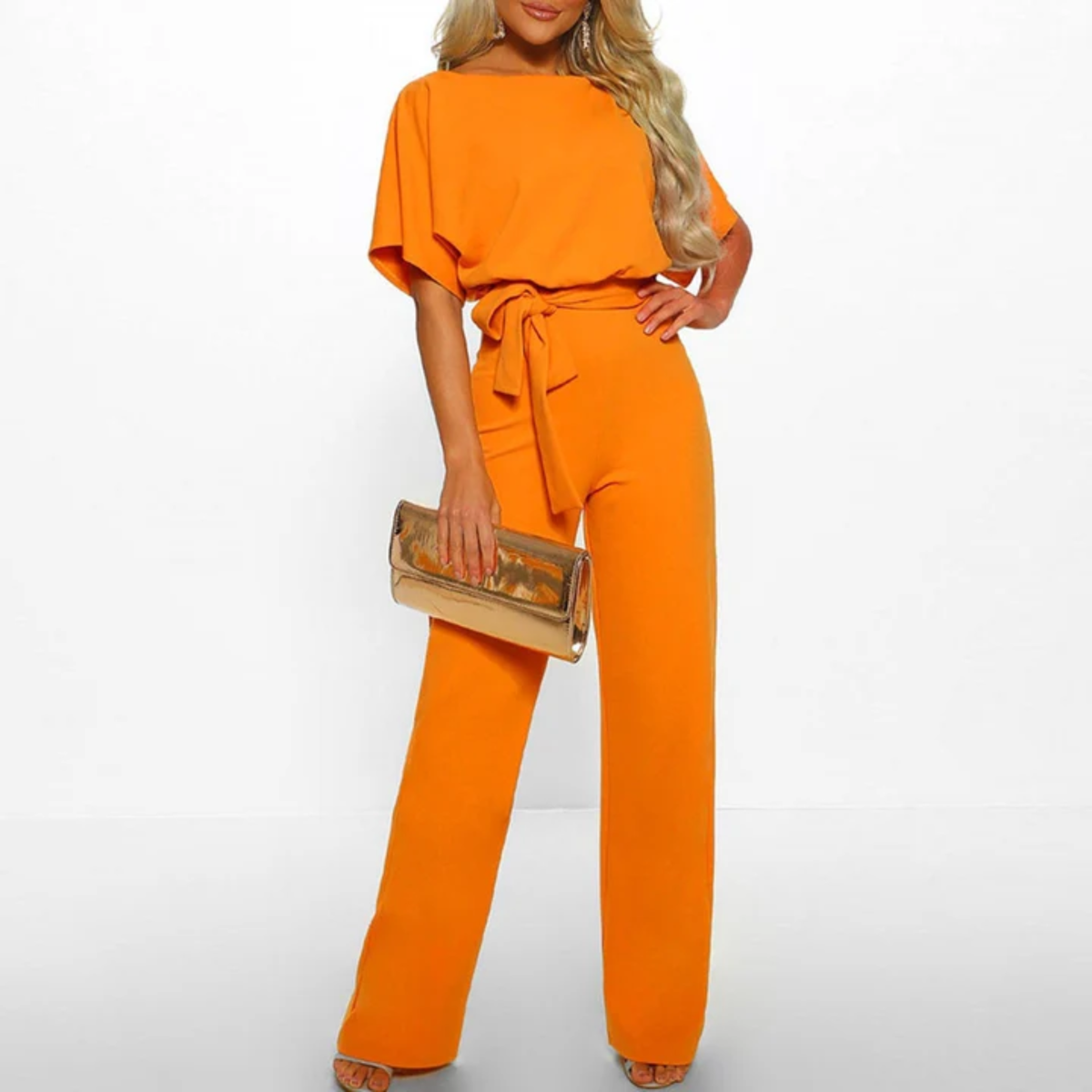 Women's wide-leg jumpsuit — belted waist with short sleeves — office wear