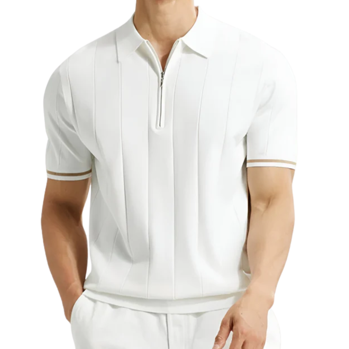 Men's short sleeve knit polo — half-zip vertical stripes — business casual