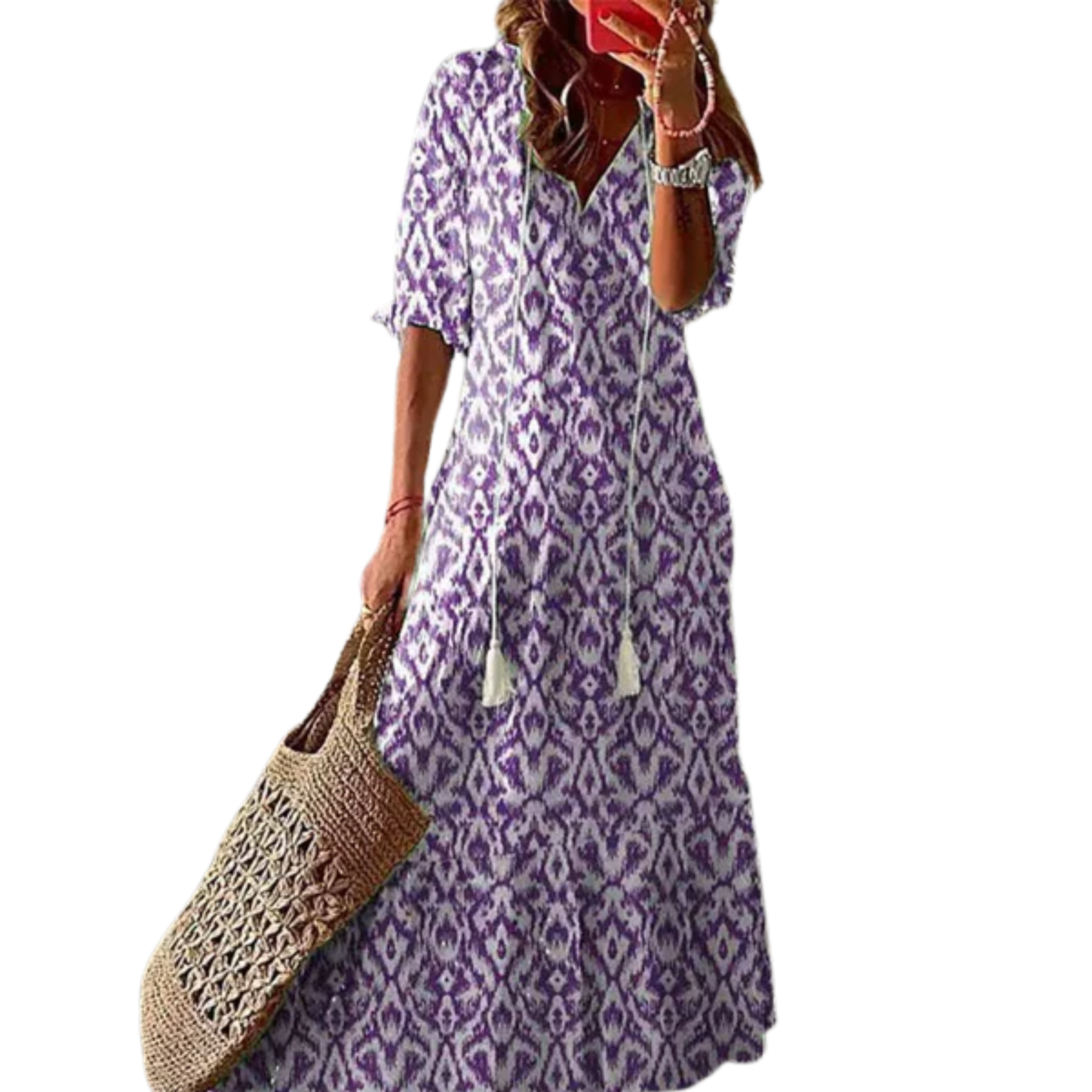 Women's Boho Cotton Maxi Dress Geometric Print Tassel V-Neck Short Sleeve Kaftan