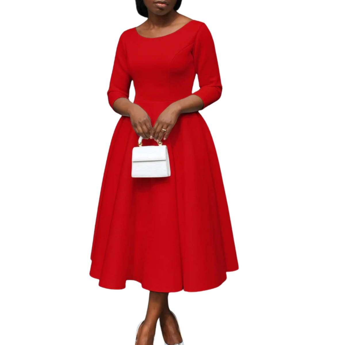Women's A-Line Midi Dress Three Quarter Sleeve Round Neck Wedding Guest Formal Dress