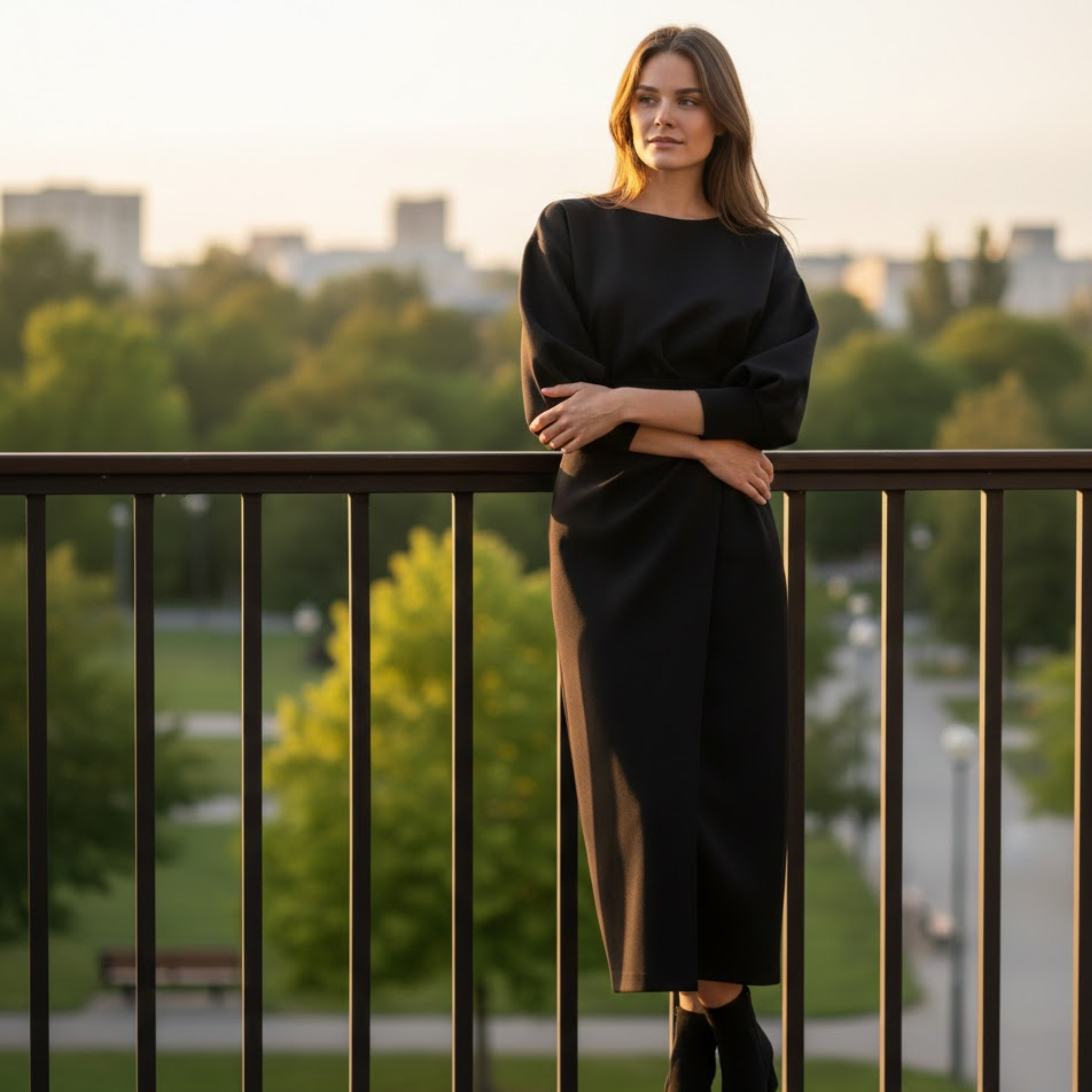 High-Waist A-Line Midi Dress with Batwing Kimono Sleeves and Wrap Front