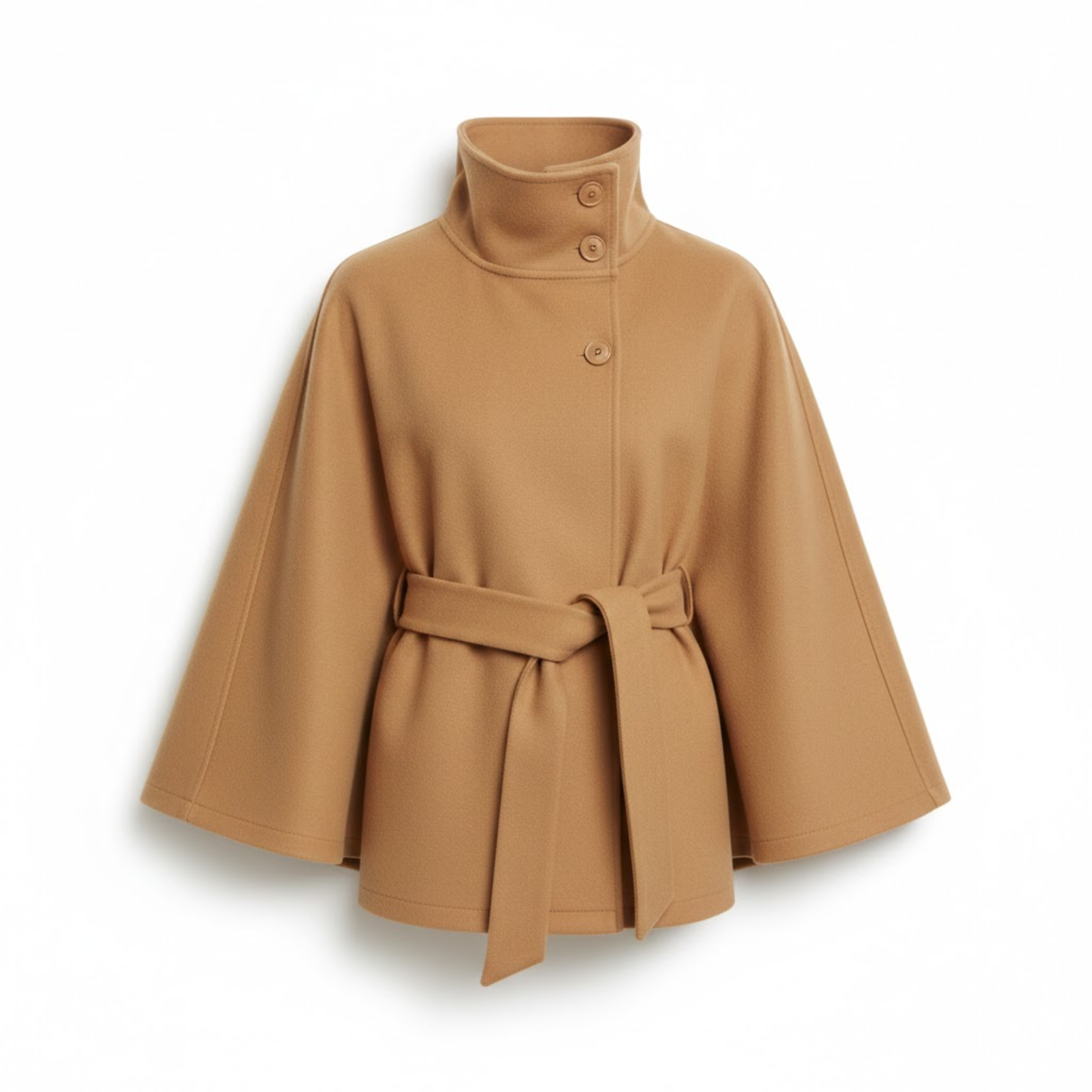 Women's Belted Cape Coat Funnel Neck Long Sleeve Polyester Button Cloak Outerwear