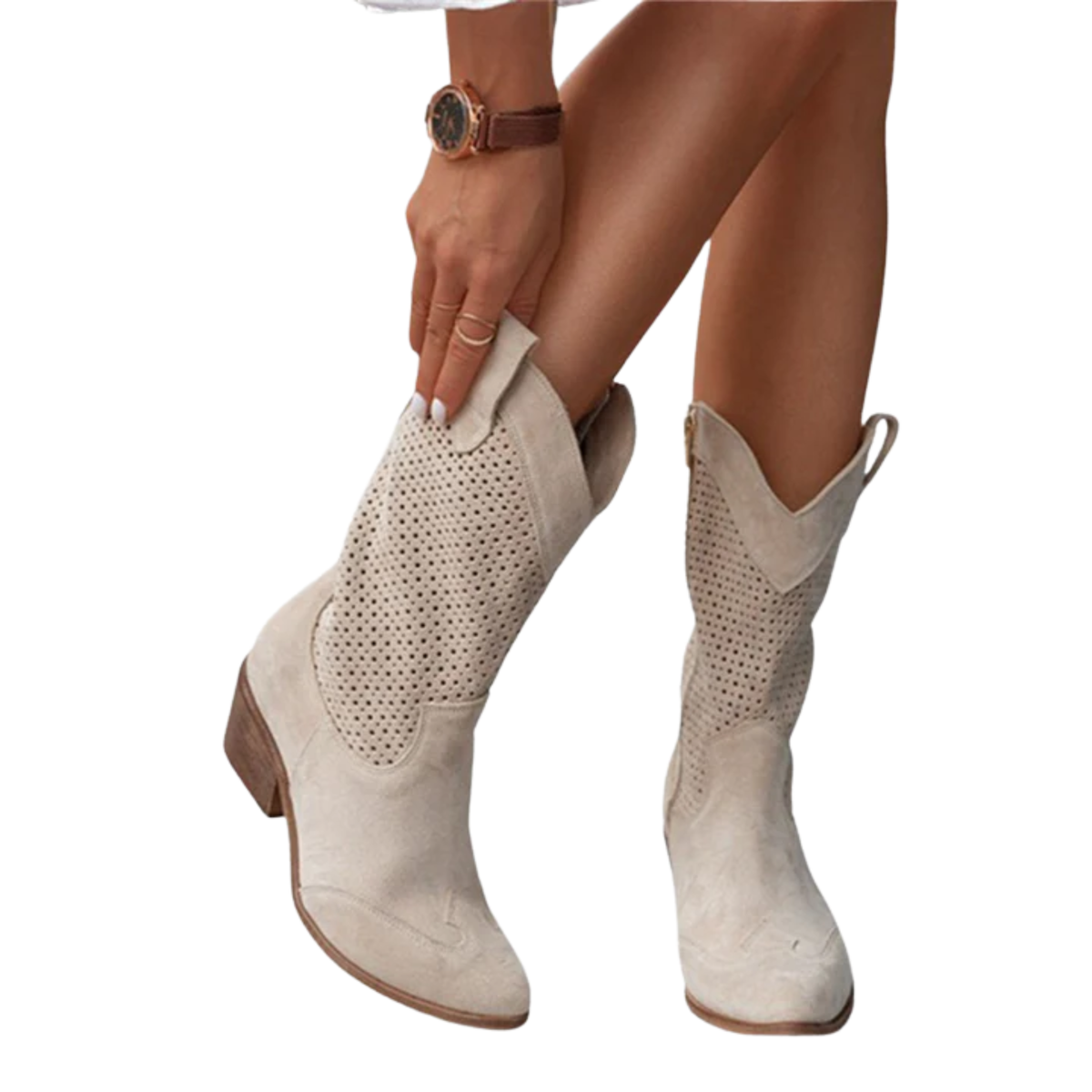 Women's cowboy boots — leather — perforated mid-calf — casual daily