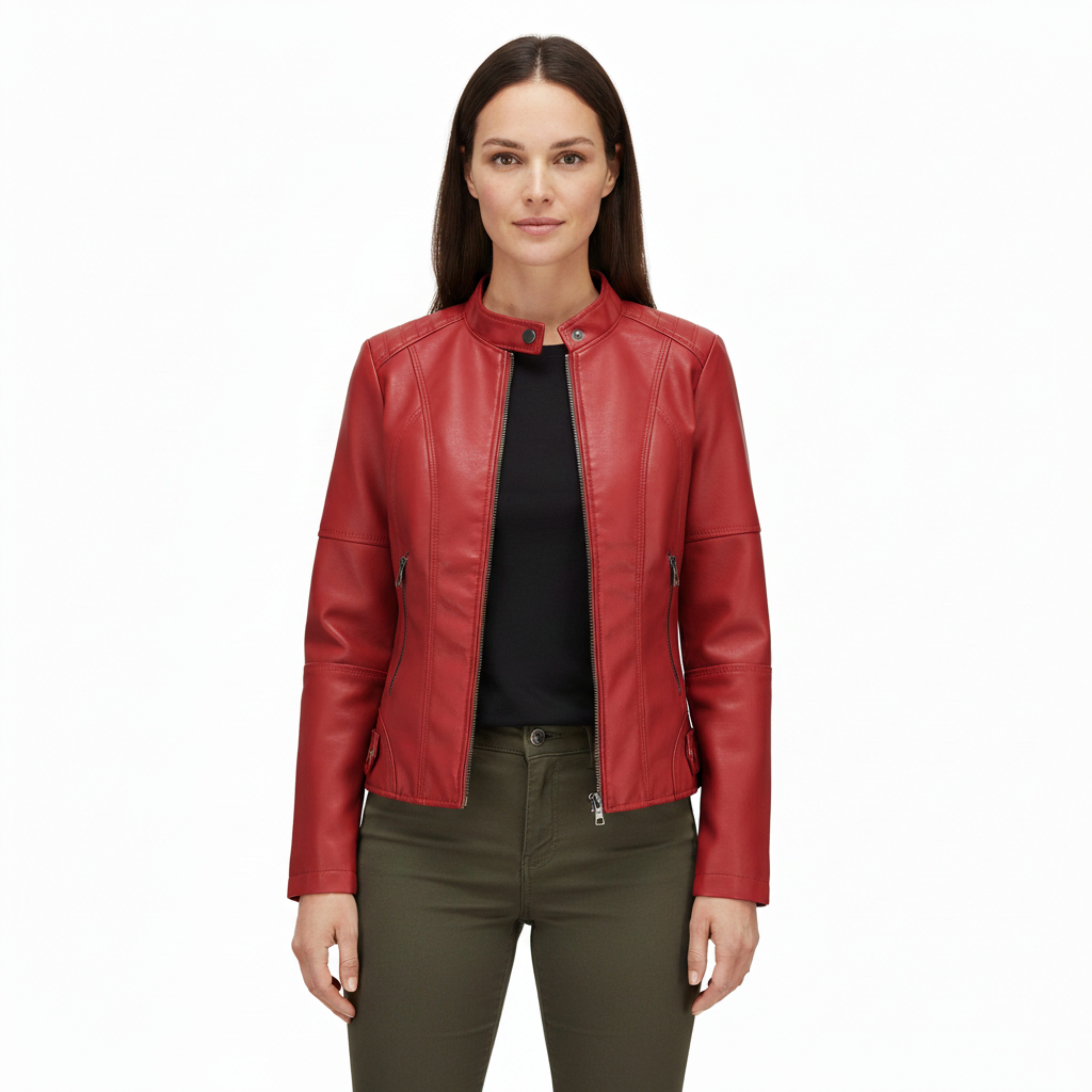 Faux Leather Biker Jacket for Women with Stand Collar and Zip Pockets