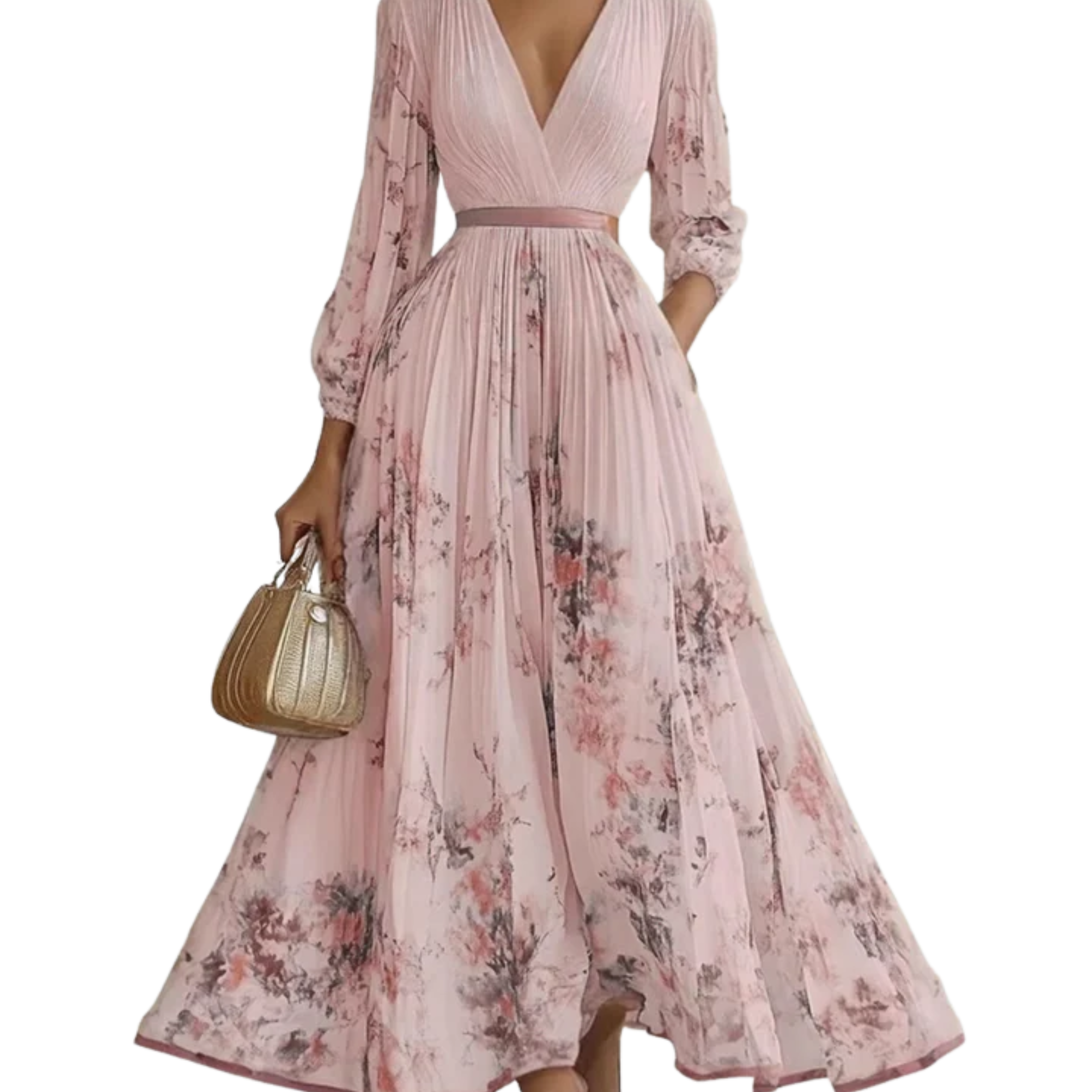 Women's v-neck midi dress — sleeveless pleated skirt with pockets — wedding guest