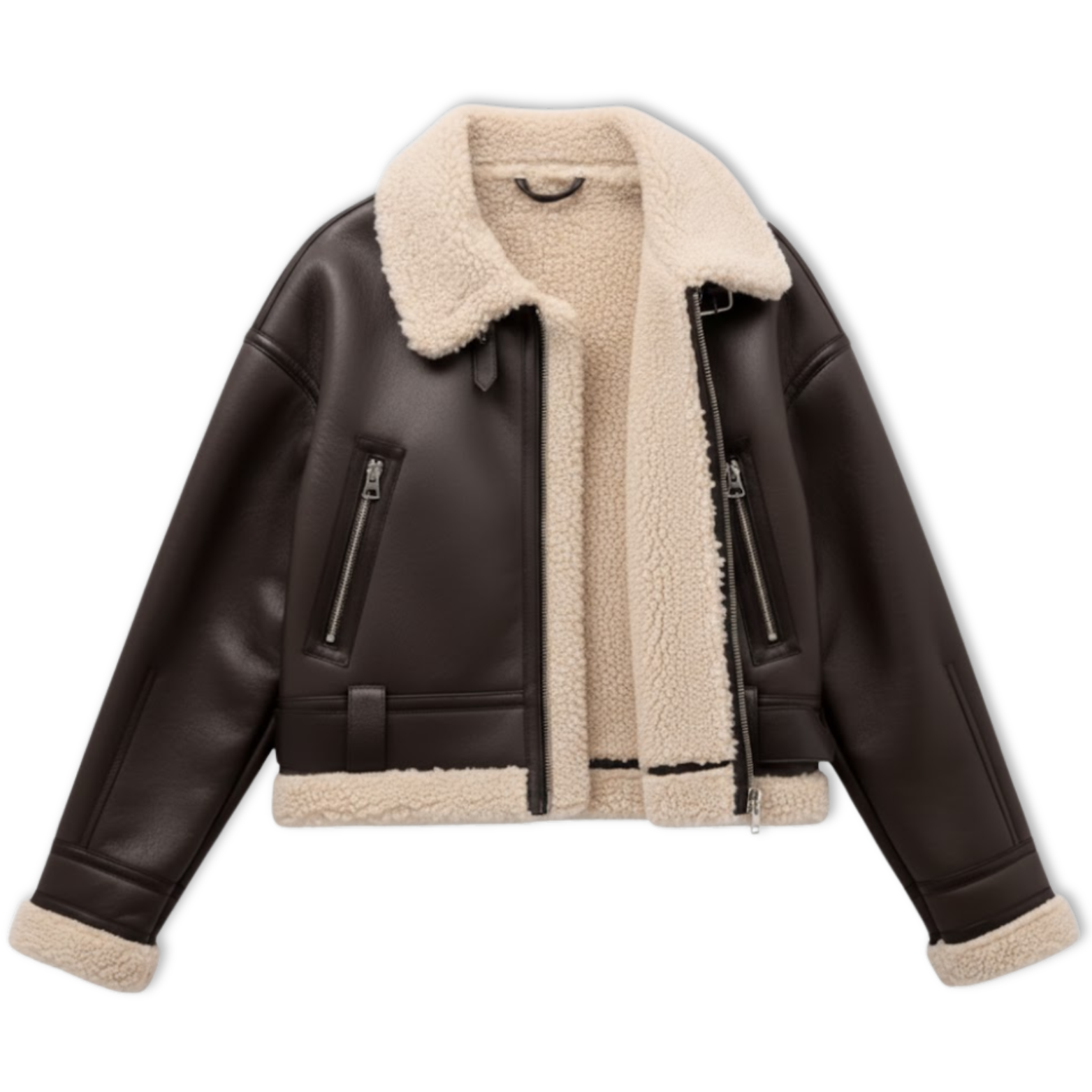 Women's Faux Shearling Aviator Jacket Thick Warm Fleece Lined Belted Biker Coat