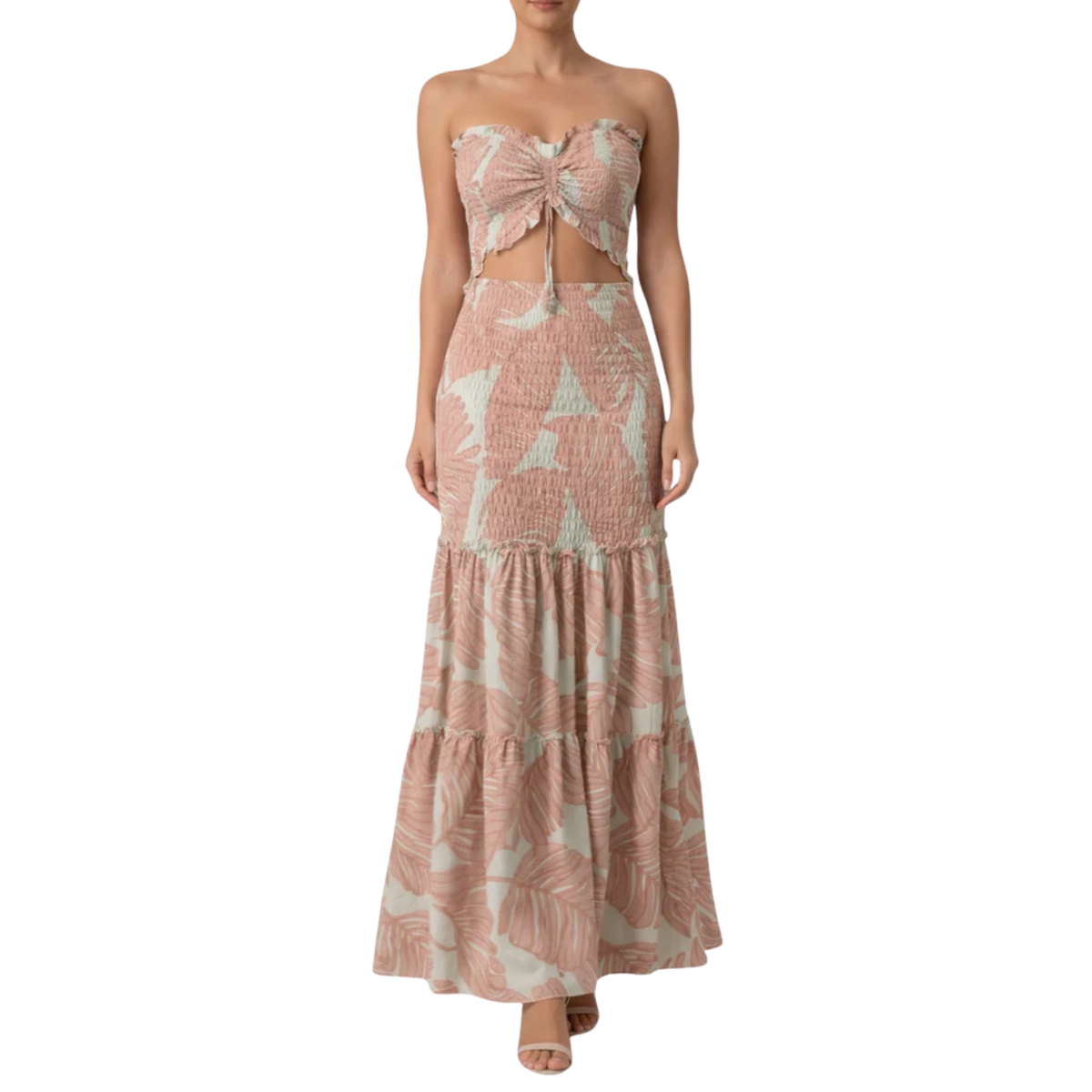 Women's Strapless Maxi Dress Tropical Leaf Print Ruched Waist Cut-Out Beach Dress