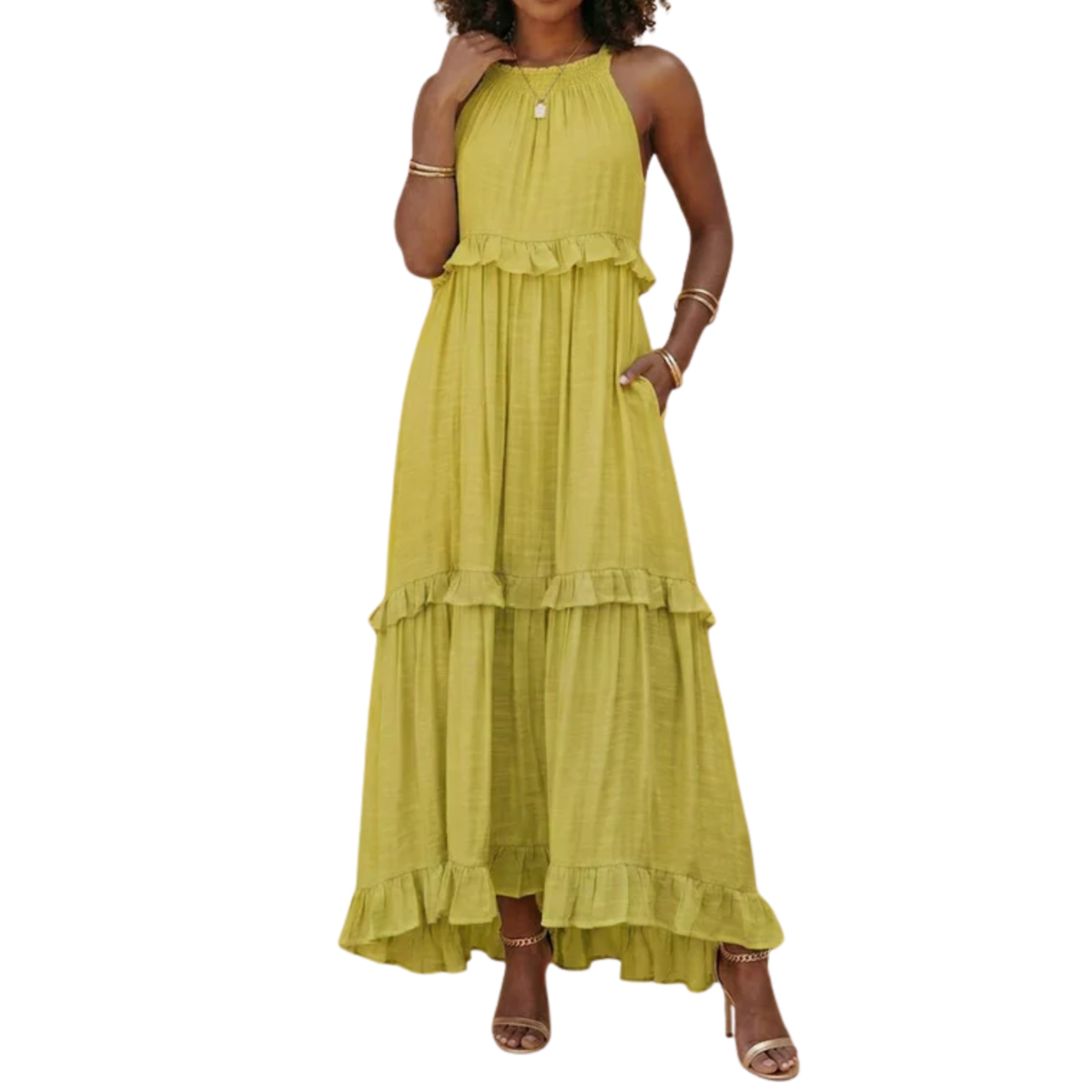 Women's Tiered Maxi Dress Halter Neck Cotton Blend Sleeveless Flowing Wedding Guest Dress