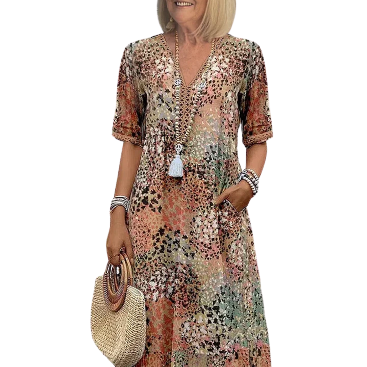 Women's printed midi dress — V-neck a-line with pockets — casual daily