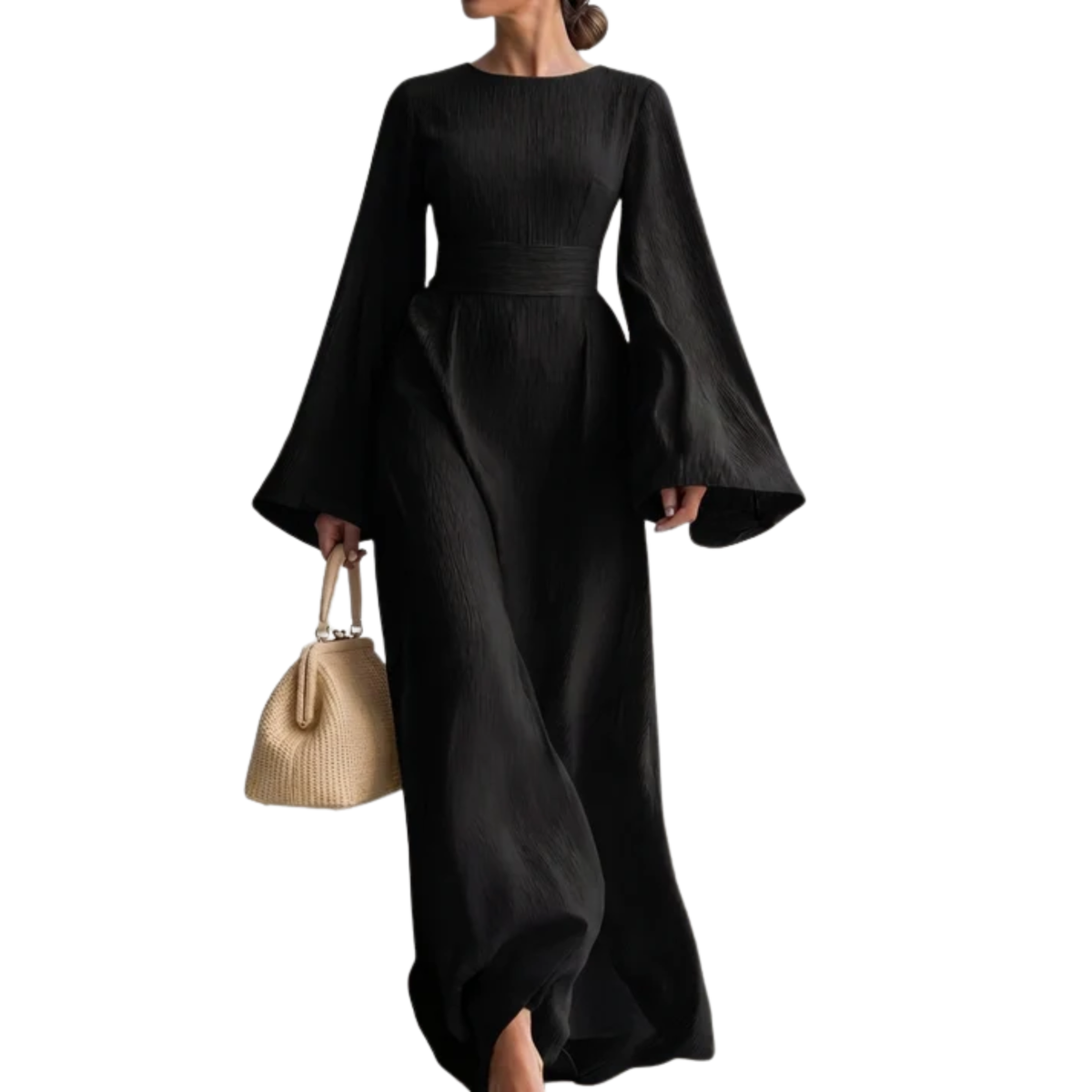 Women's Crew Neck Maxi Dress Bell Sleeve Ribbed Belted Waist Flowy Long Dress