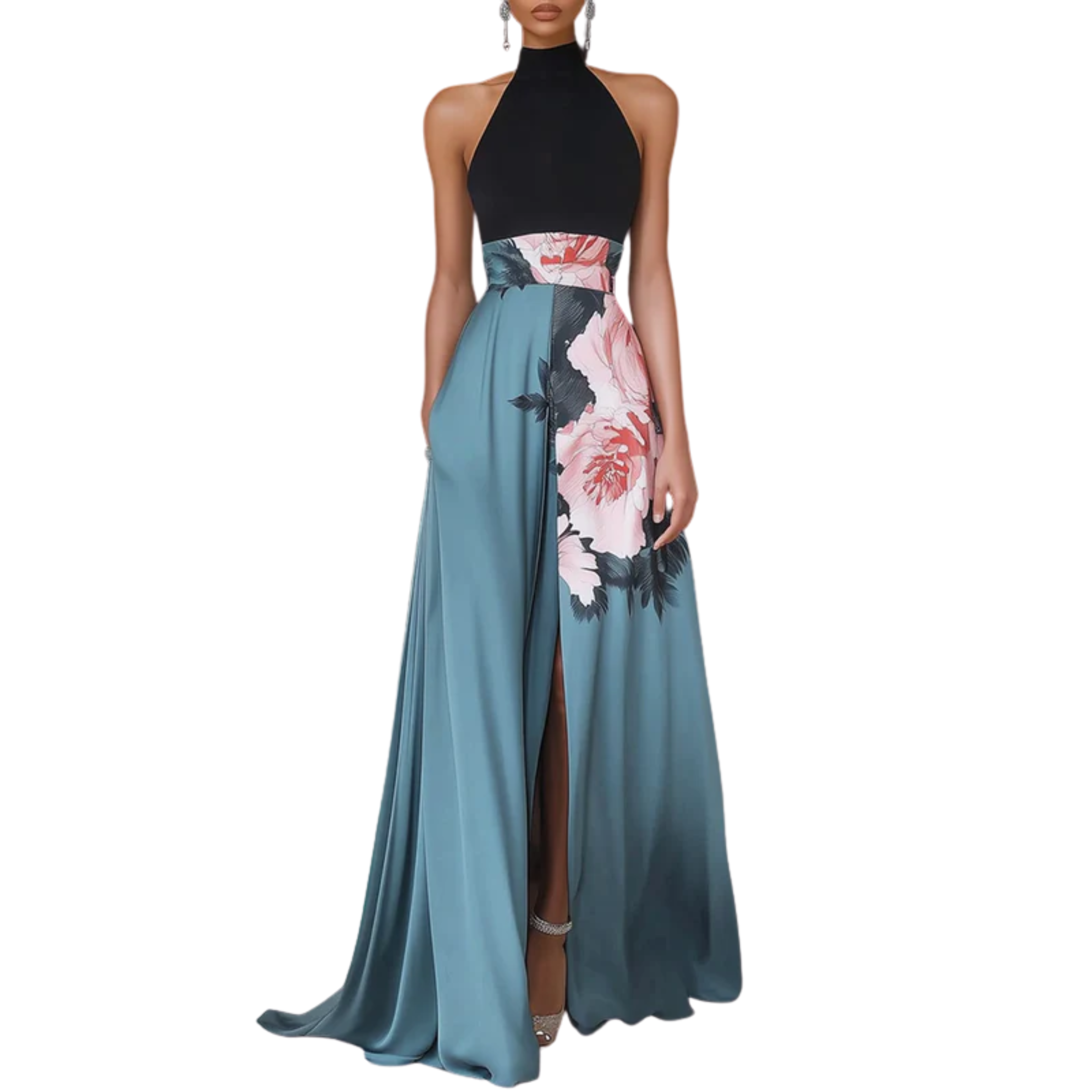 Women's Floral Maxi Dress Sleeveless High Neck Side Slit A-Line Formal Party Dress