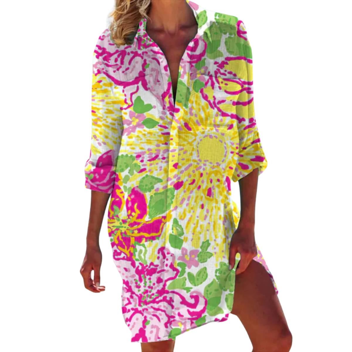 Tropical Print Shirt Dress Women's Beach Cover Up with 3/4 Roll-Tab Sleeves