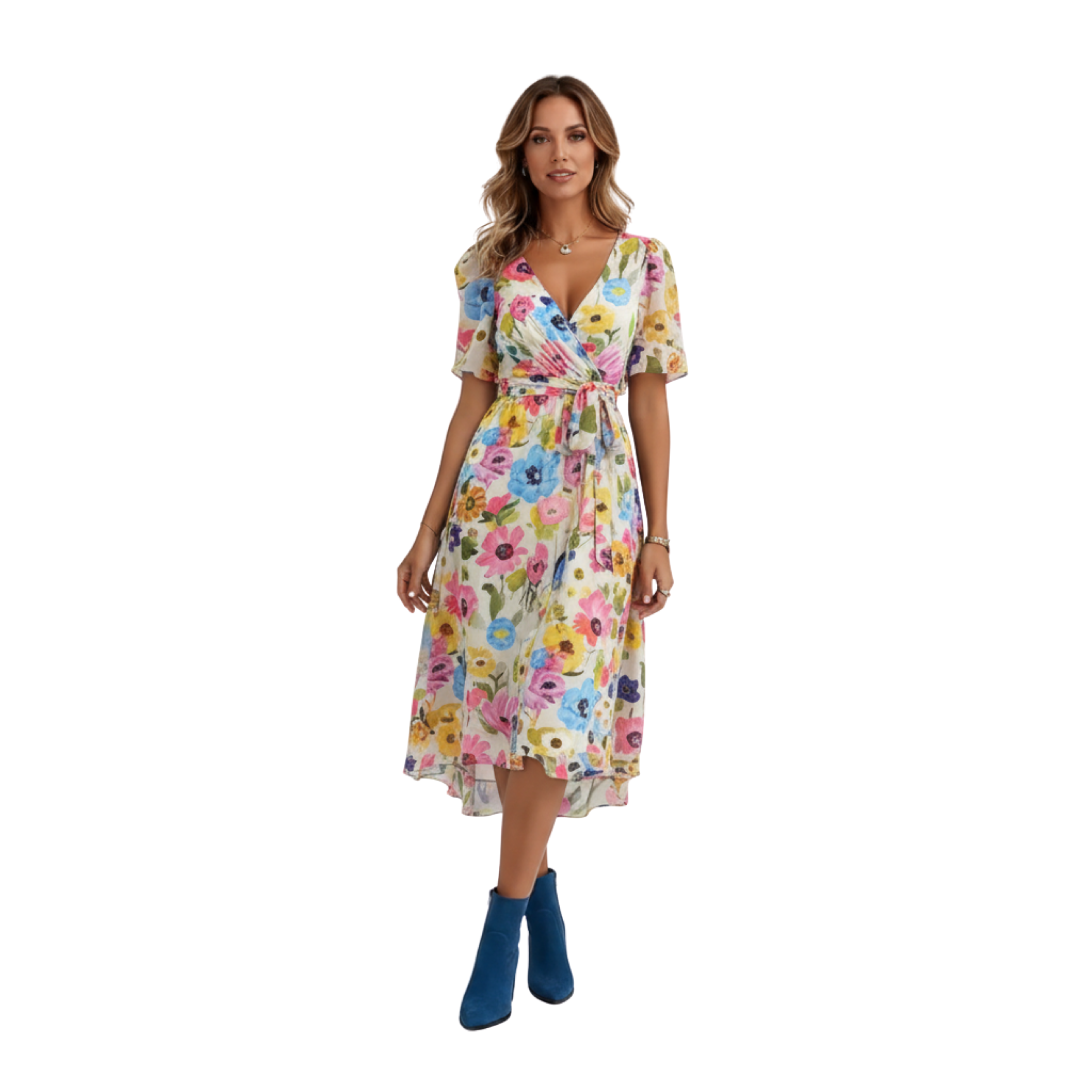 Women's V-Neck Short Sleeve Print Midi Dress Casual Loose Fit A-Line Flowy Dress