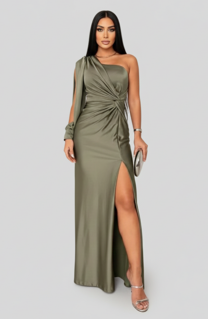 Women's maxi dress - one-shoulder satin design with side slit | wedding guest