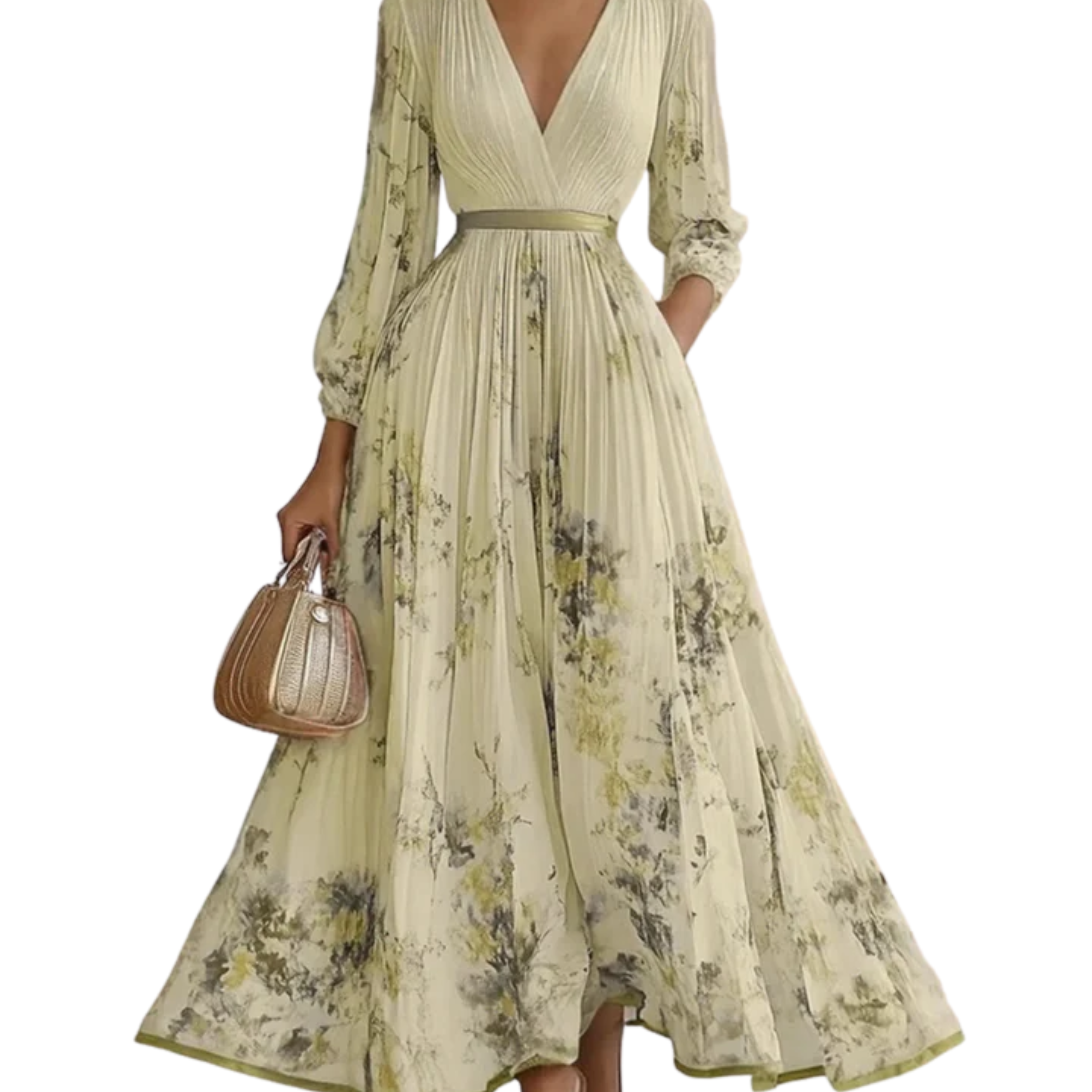 Women's v-neck midi dress — sleeveless pleated skirt with pockets — wedding guest