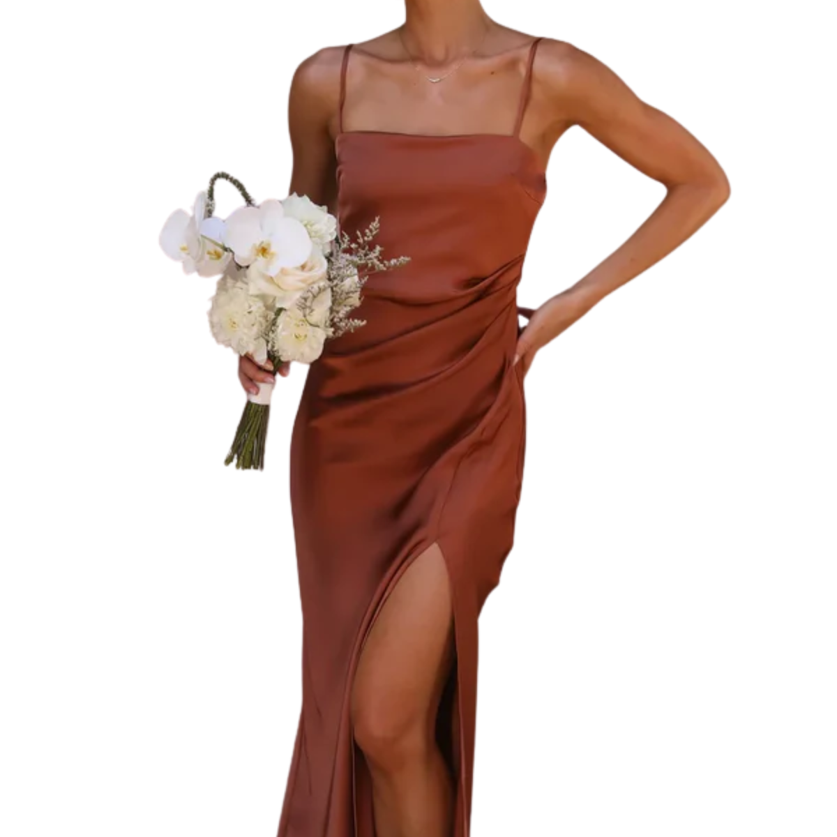 Women's Satin Maxi Dress Sleeveless Square Neck Side Ruched High Split Formal Dress