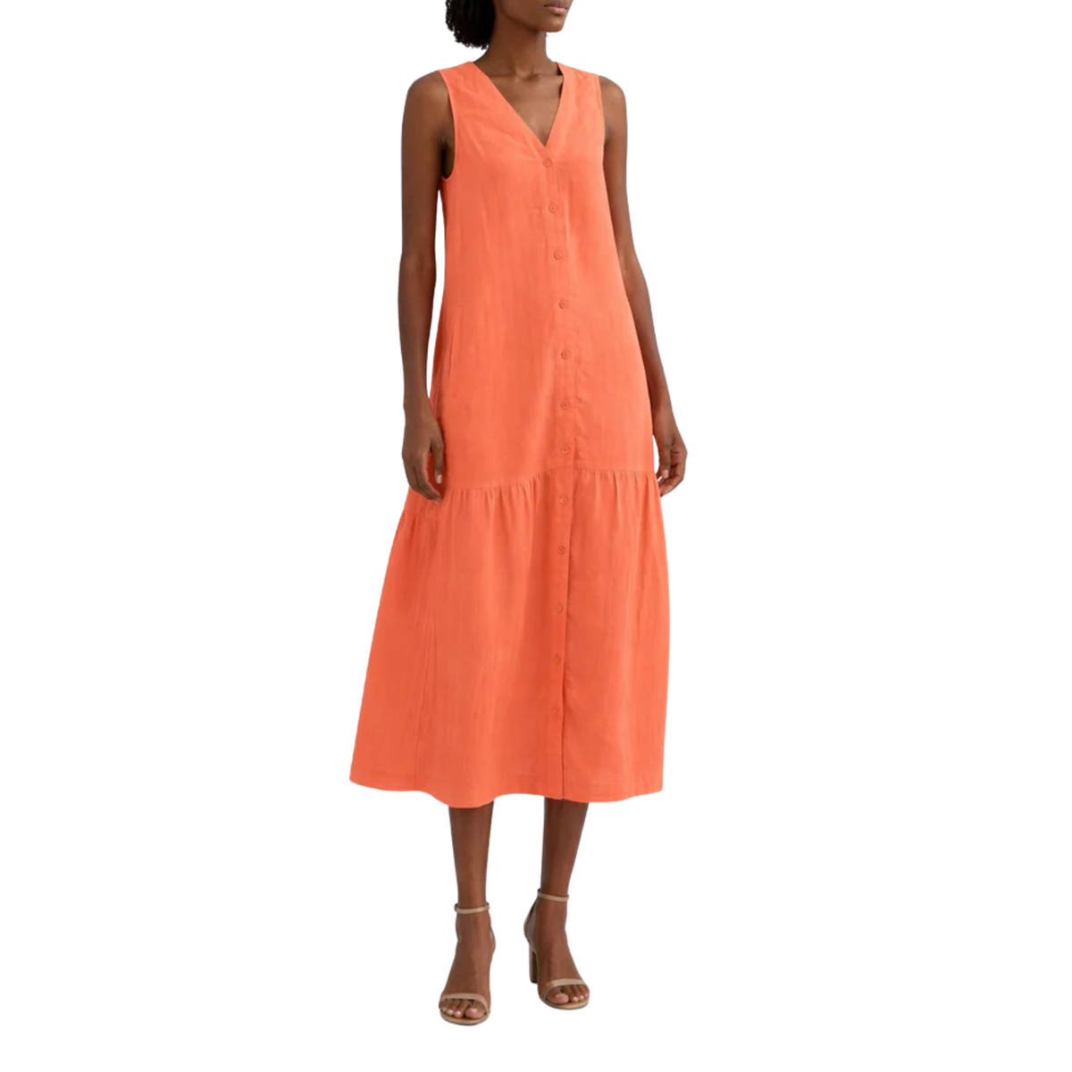 Women's V-Neck Linen Maxi Dress Button Up Sleeveless Tiered Hem Relaxed Fit Gown