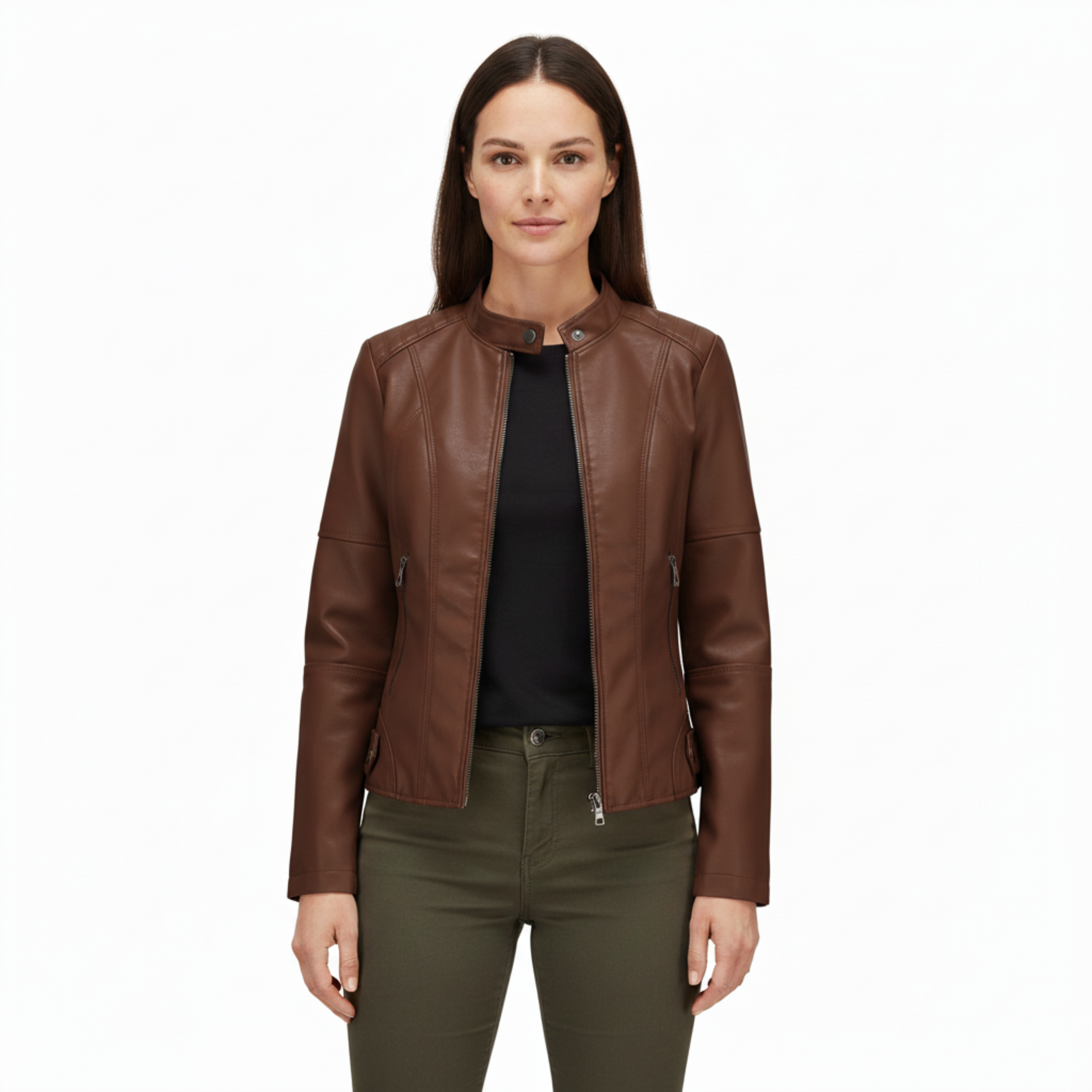 Faux Leather Biker Jacket for Women with Stand Collar and Zip Pockets