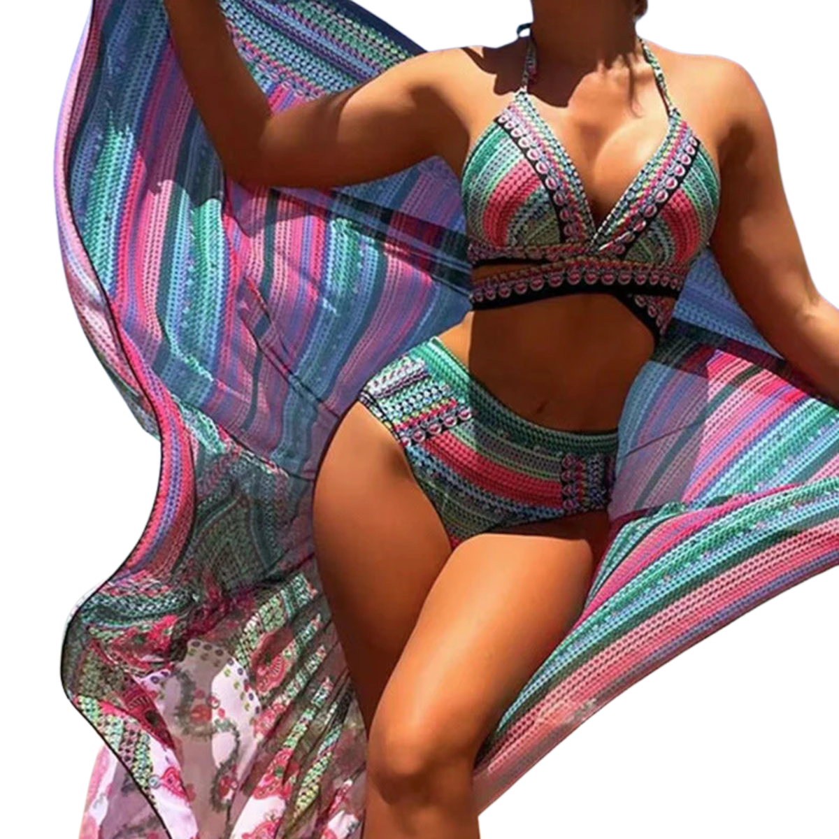 High Waist 3 Piece Bikini Set with Halter Triangle Top and Kimono Cover Up
