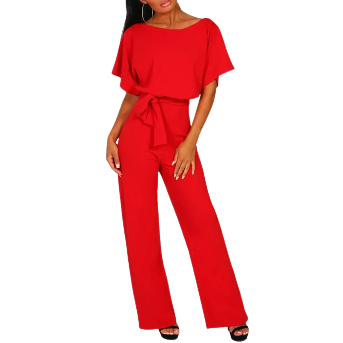 Women's wide-leg jumpsuit — belted waist with short sleeves — office wear
